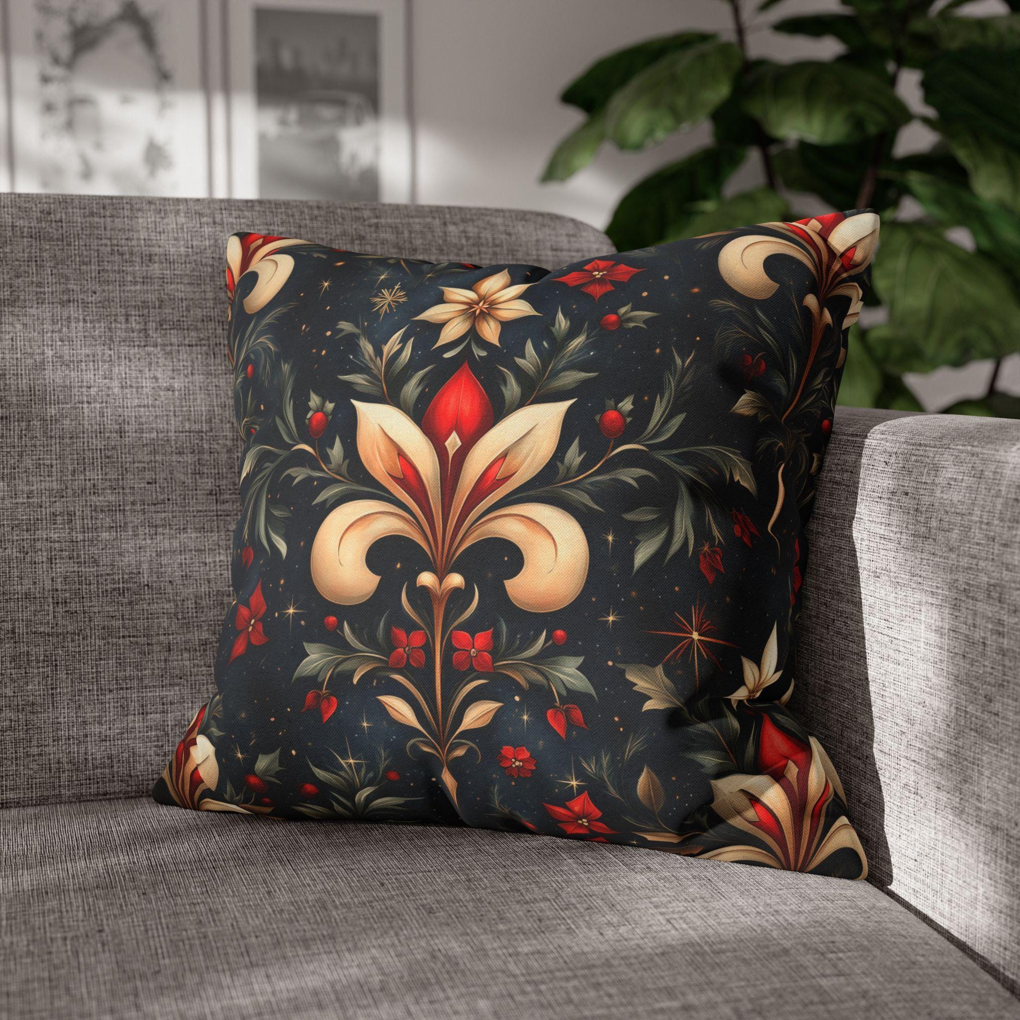 Holiday Fleur-de-lis Pillow Cover: Red Gold Floral Christmas Decor