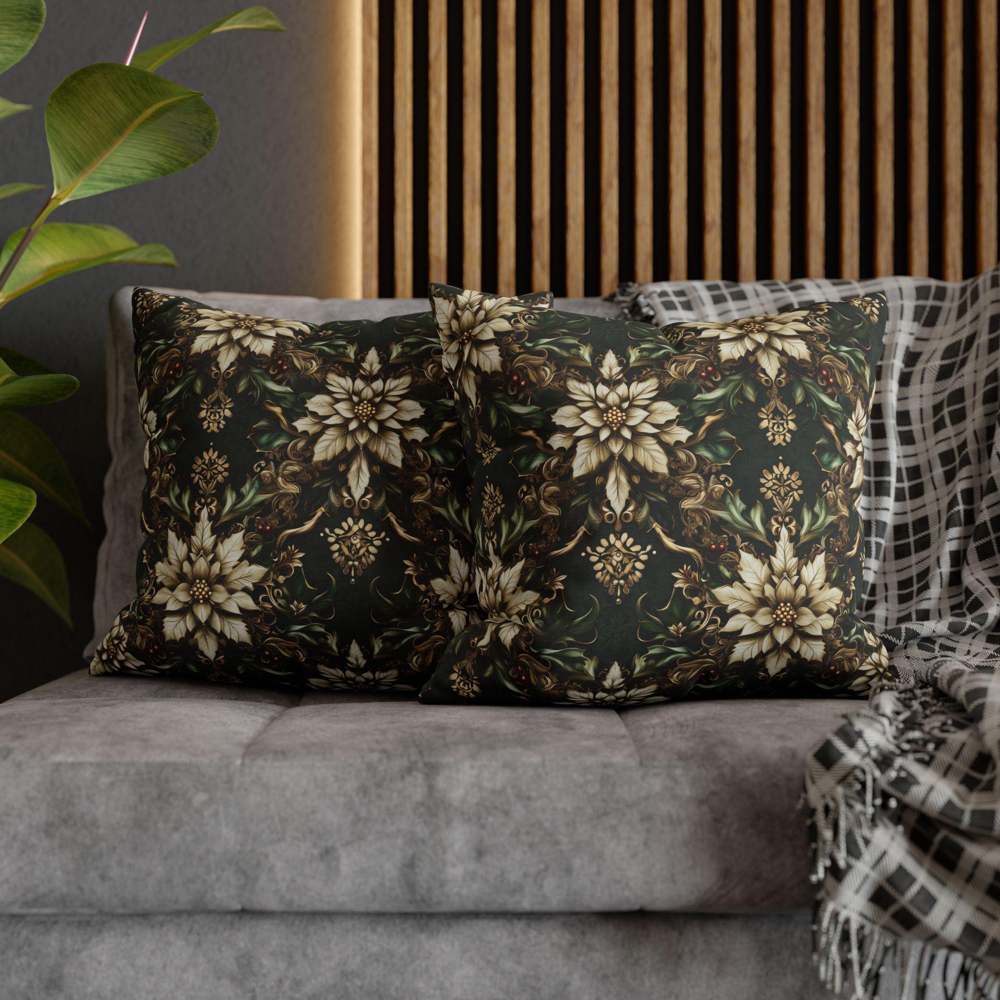 Holiday Poinsettia Pillow cover - Festive Christmas Decor Red Green Gold & Creamy Beige