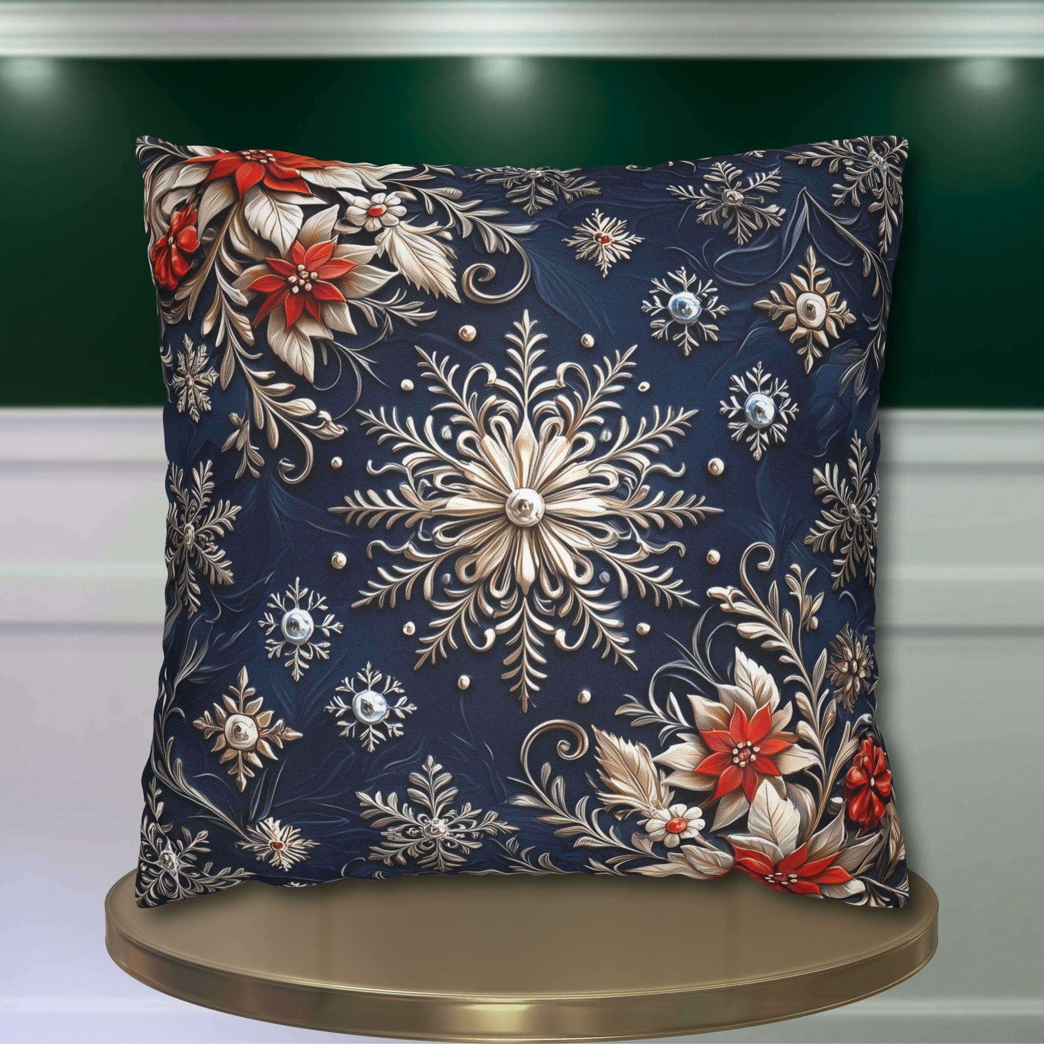 Snowflake Holiday Pillowcase, Silver, Gold  & Blue Christmas Decorative Throw Cushion Cover