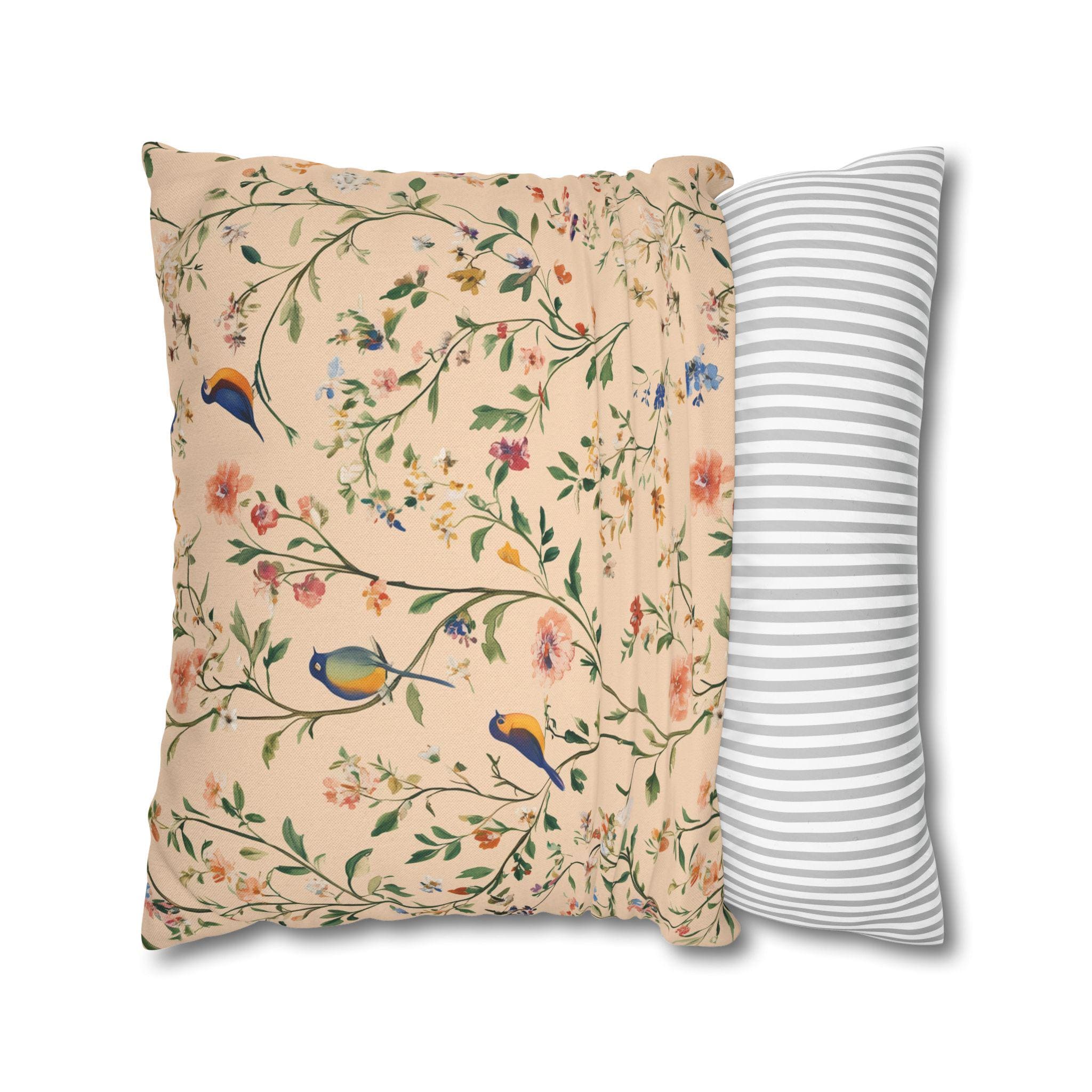 Chinoiserie Bird Pillow Cover: Vintage Style Peach Floral Cushion
