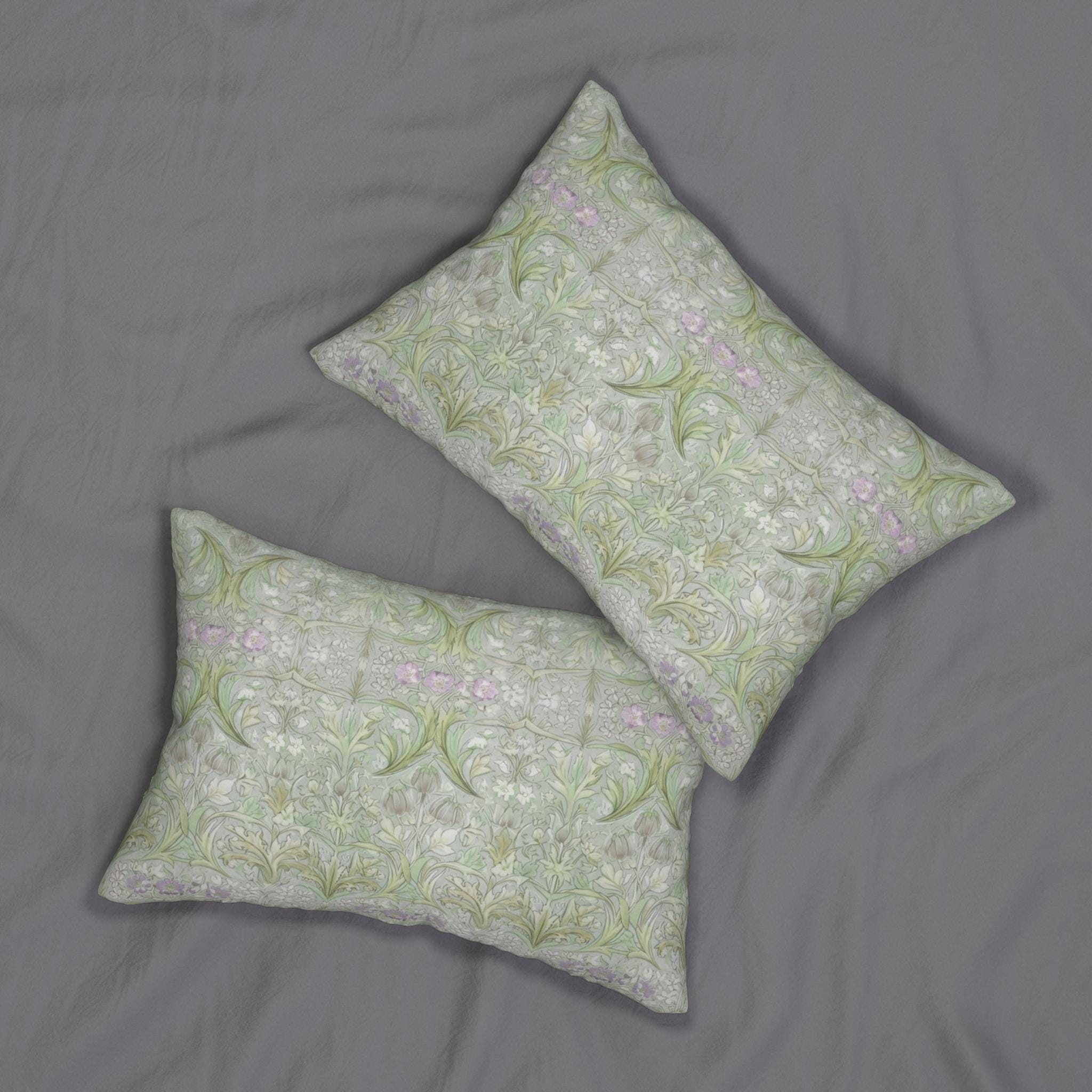 William Morris Inspired Lumbar Pillow: Soft Sage Botanical with Muted Lavender