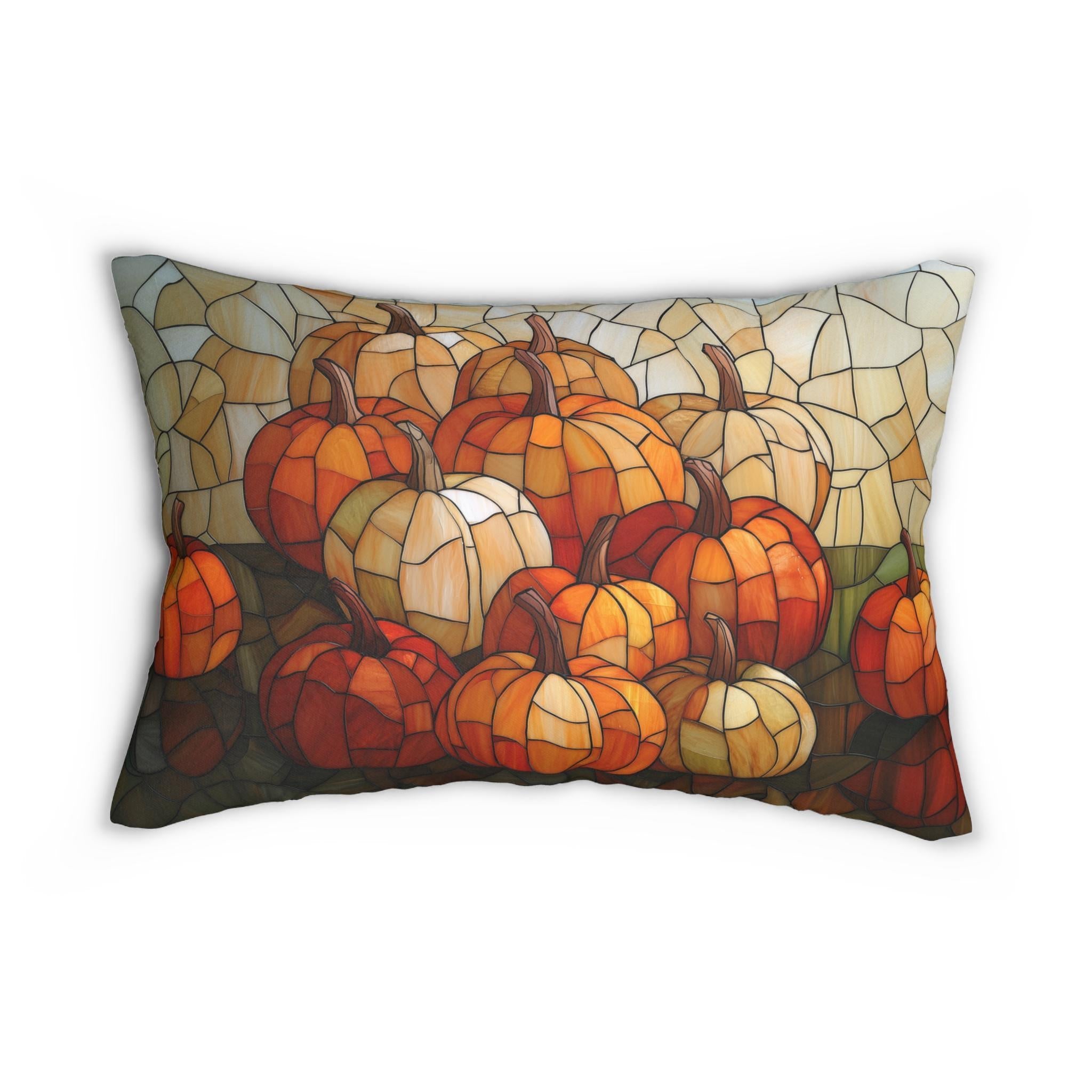 Pumpkin Mosaic Lumbar Pillow, Fall Decor, Stained Glass Effect