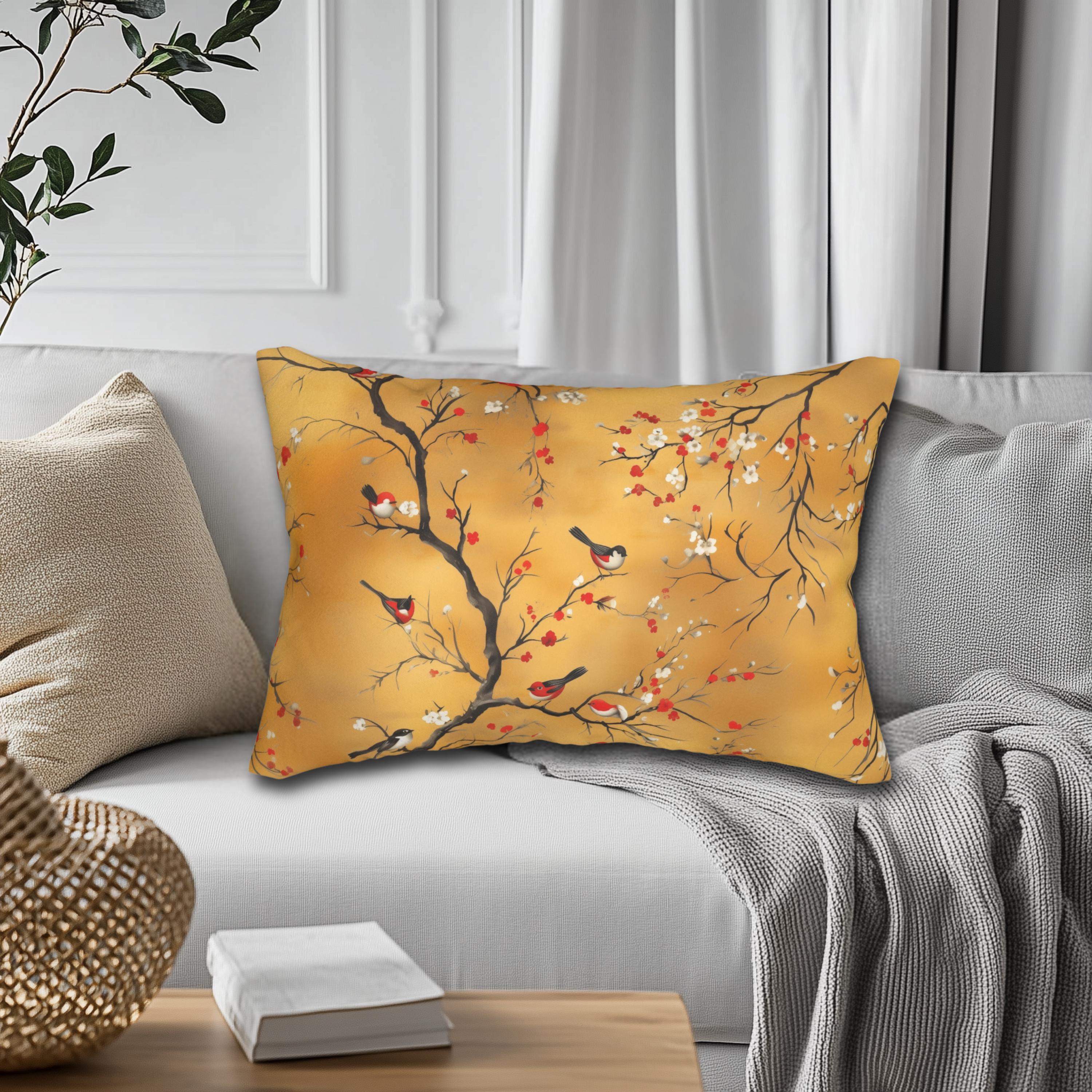 Chinoiserie Lumbar Pillow: Red Blossoms & Birds on Gold