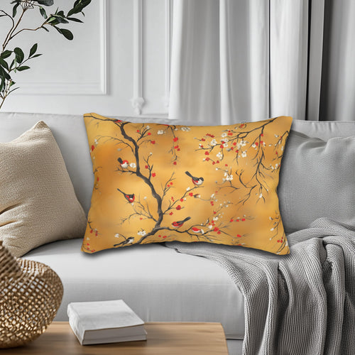 Chinoiserie Lumbar Pillow: Red Blossoms & Birds on Gold
