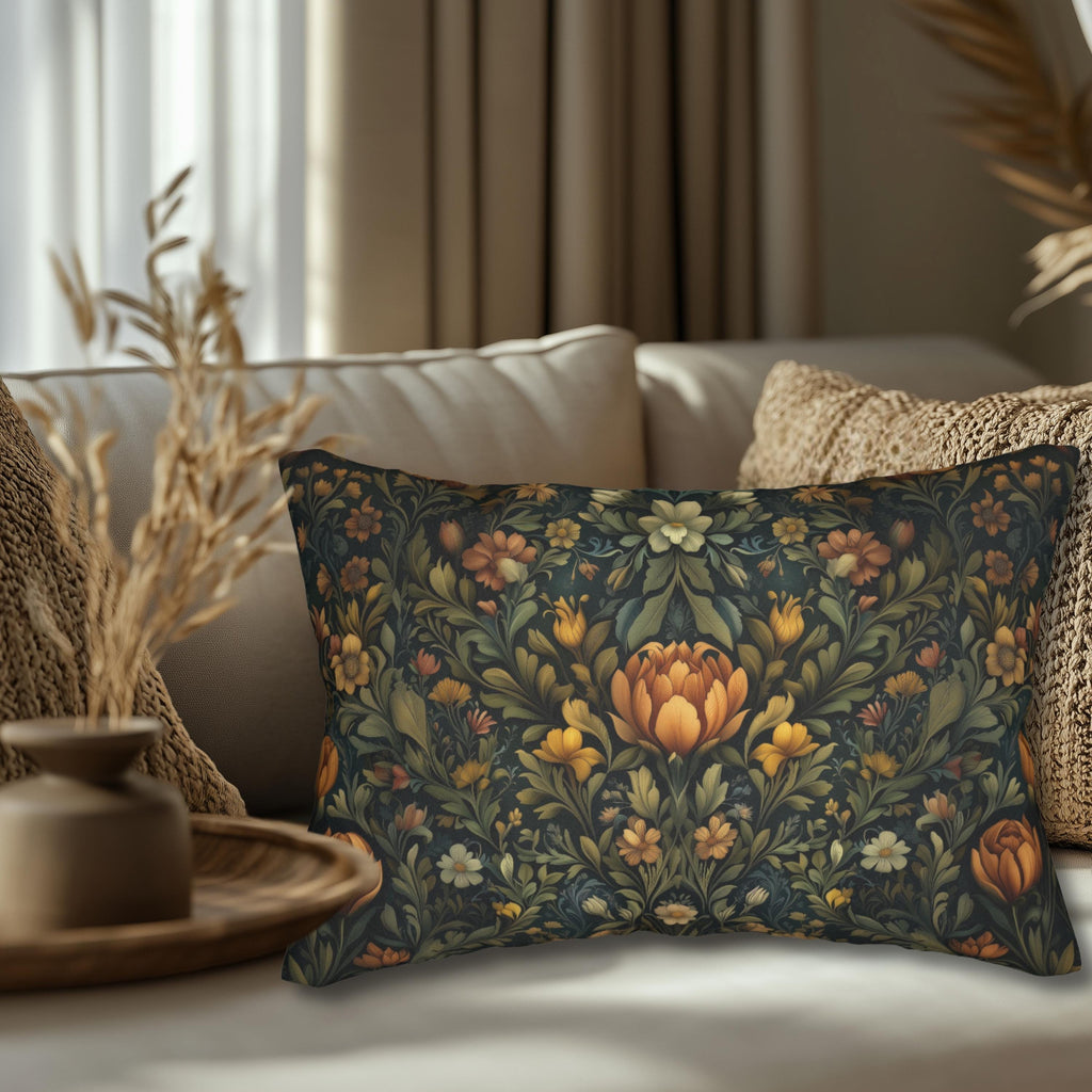 William Morris Botanical Lumbar Pillow: Golden Ochre Floral Tapestry