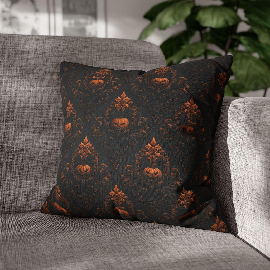 Gothic Halloween Pillow Cover: Jack-o-Lantern Damask in Black and Burnt Orange