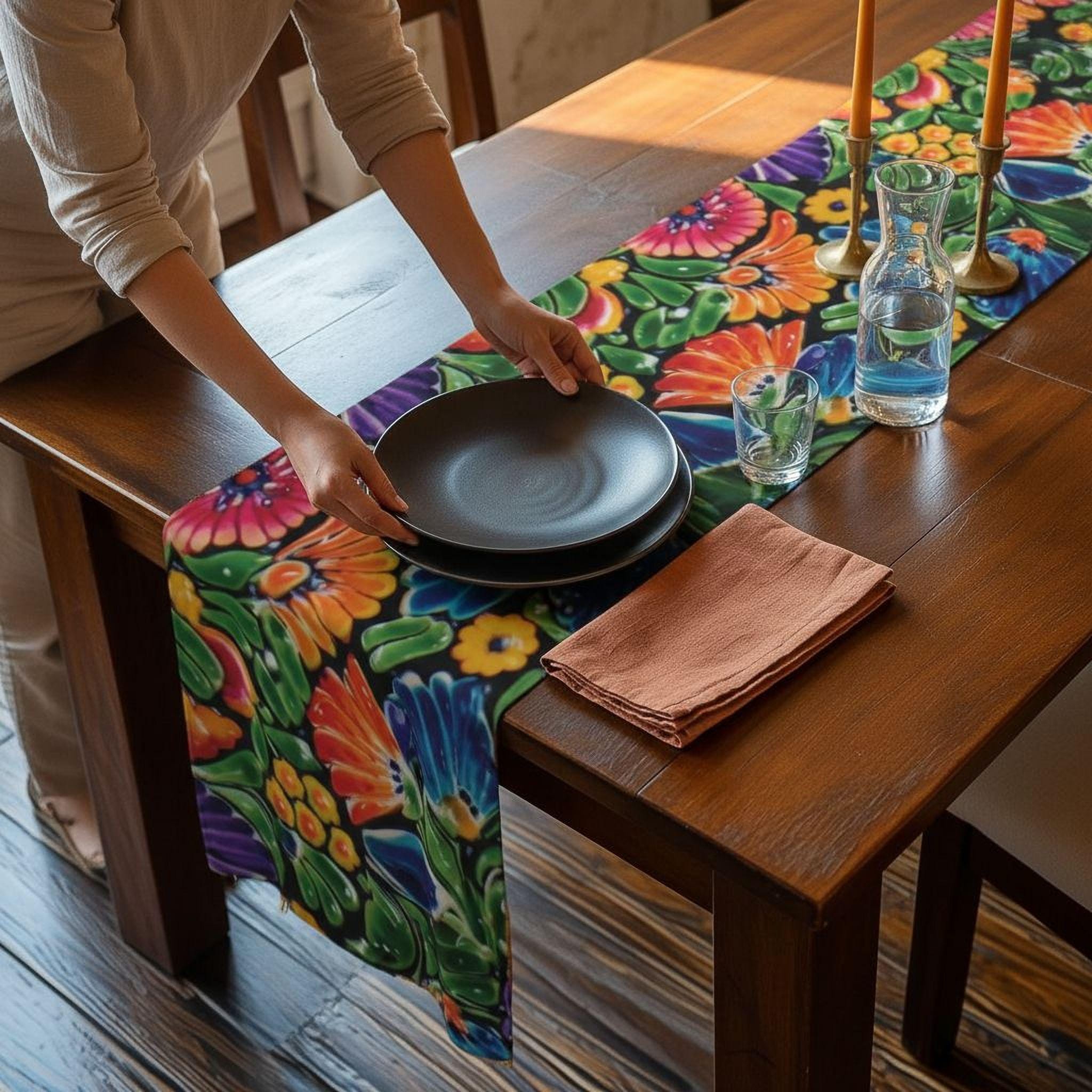 Mexican Table Runner: Bright Floral Folk Art on Black Background