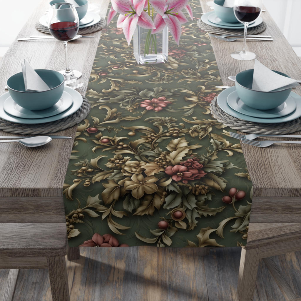 William Morris Inspired Holly & Poinsettia Christmas Table Runner: Deep Sage, Gold, Cranberry