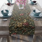 William Morris Inspired Holly & Poinsettia Christmas Table Runner: Deep Sage, Gold, Cranberry