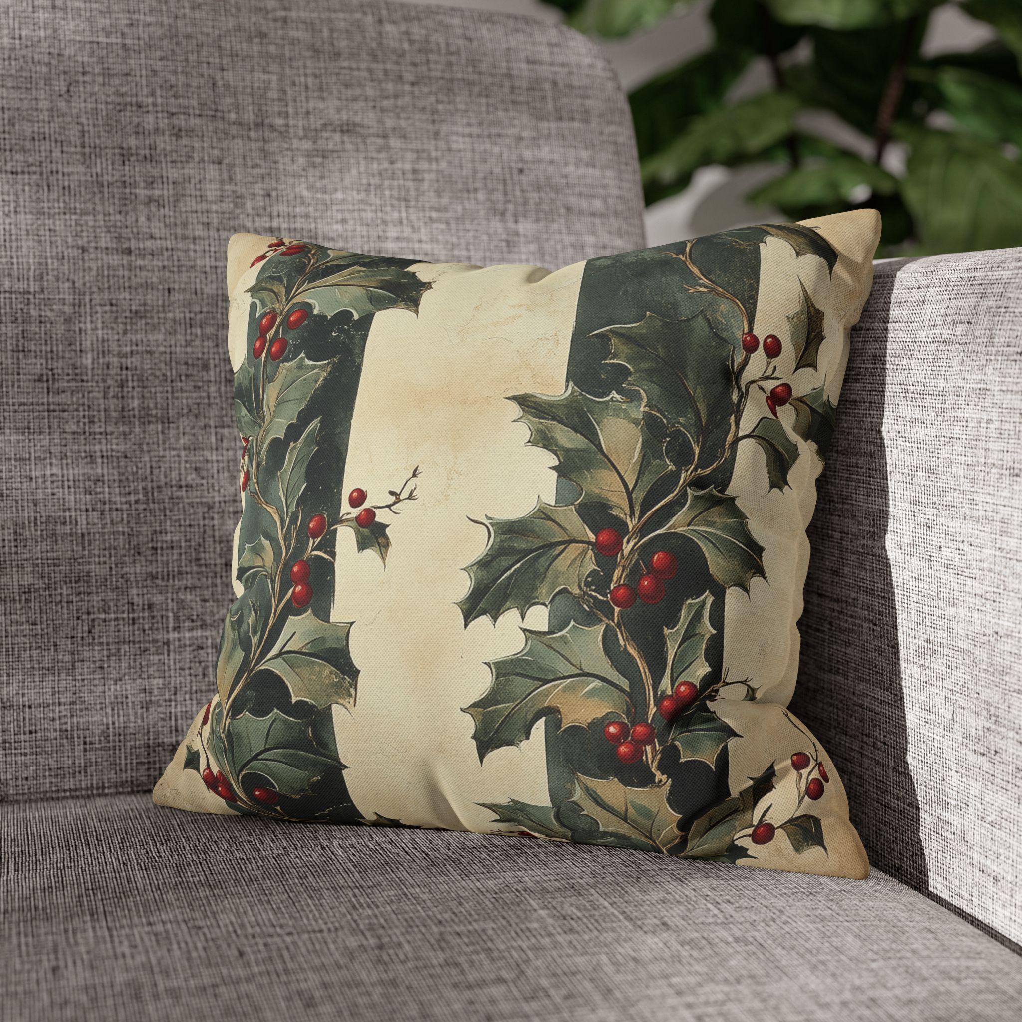 Holly & Stripes Pillow Cover: Vintage Style Christmas Botanical Holiday Accent