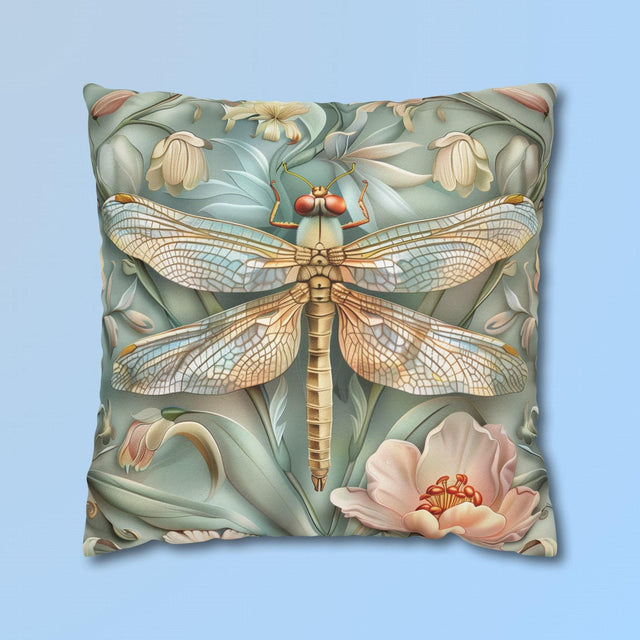 William Morris Inspired Dragonfly Pillow Cover: Elegant Blue, Gold & Pink Nature Design Gift