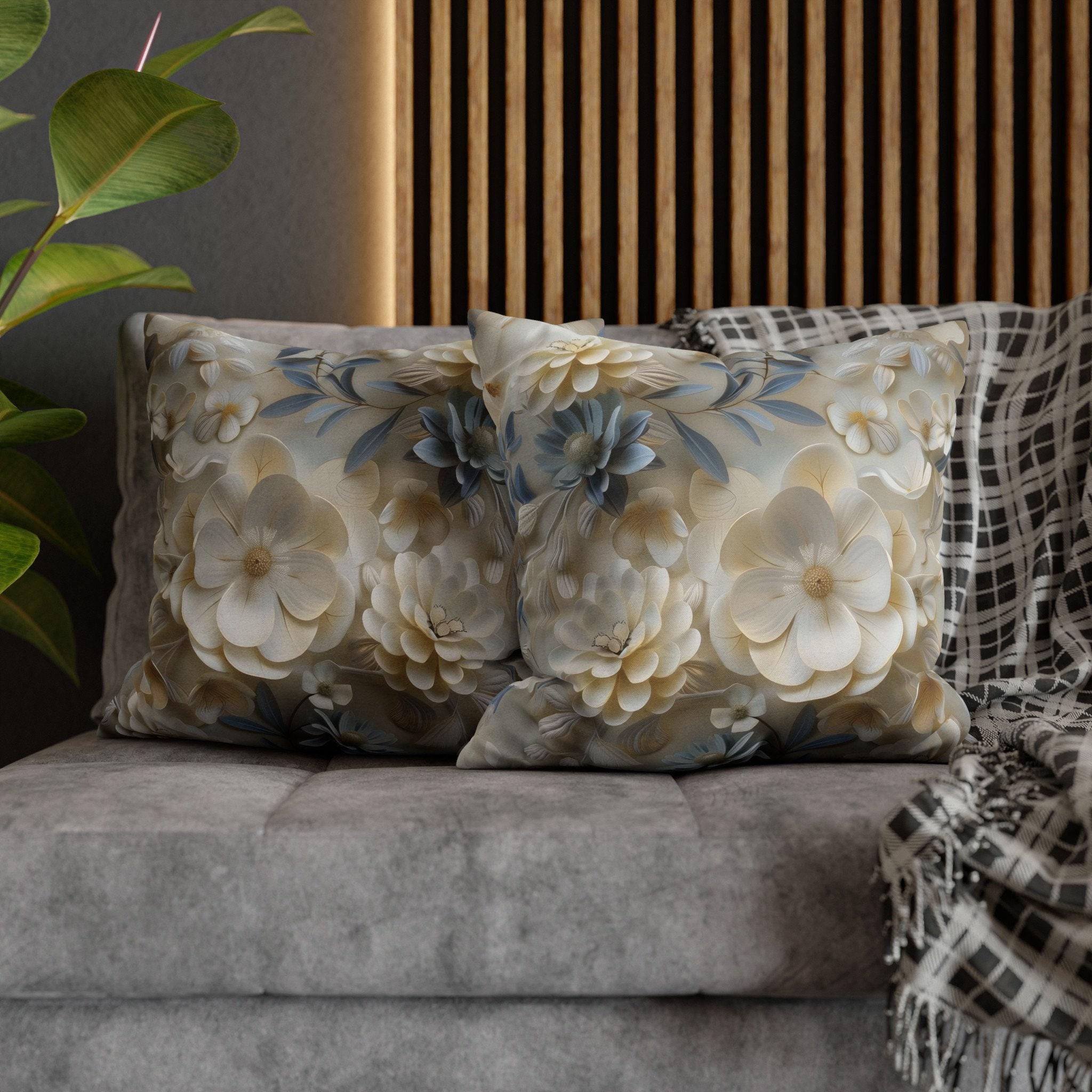 Floral Pillow Cover: Cream, Ivory & Blue Blossoms, Elegant Home Decor