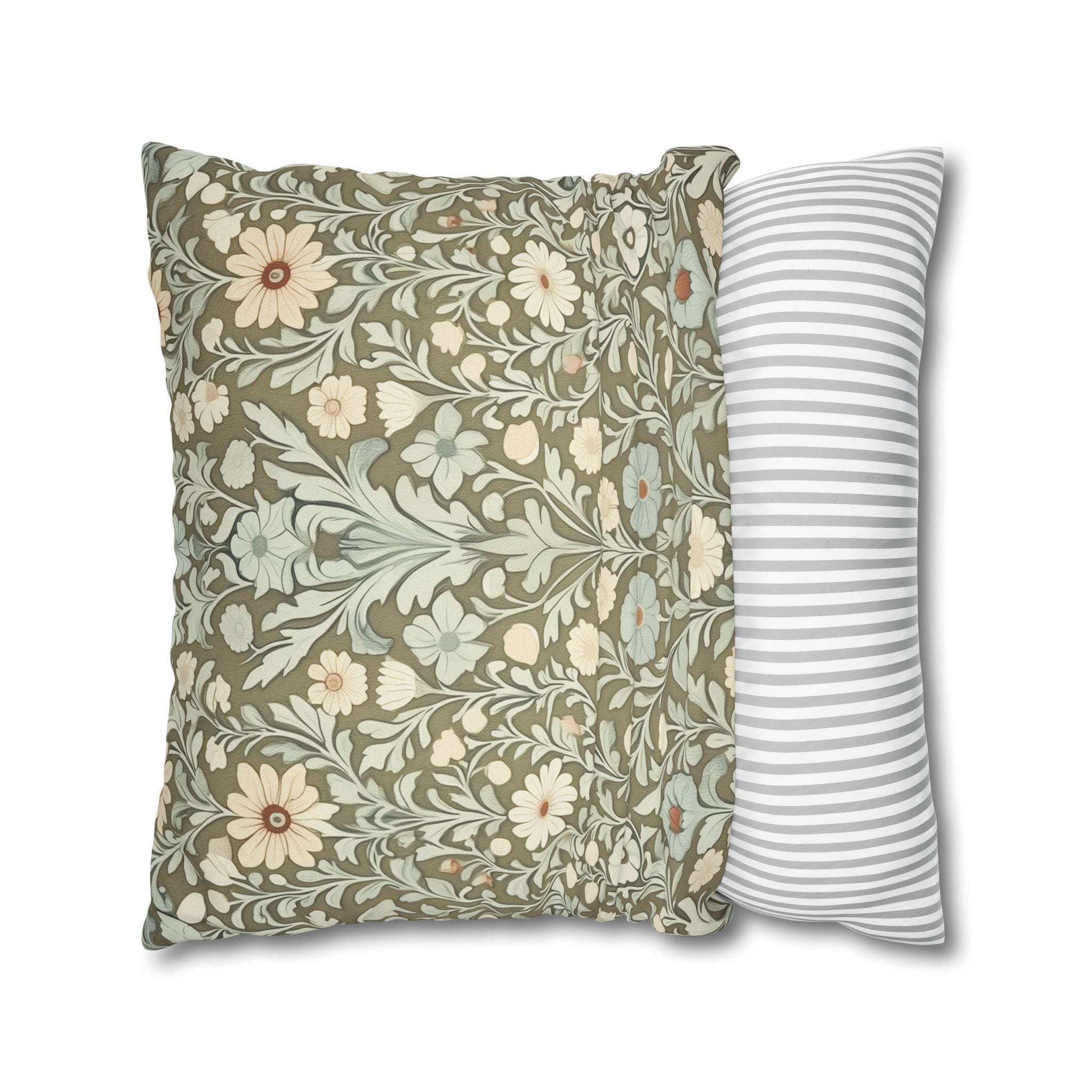 William Morris Inspired Botanical Pillow Cover: Sage, Cream & Peach Floral Pattern Cushion Case