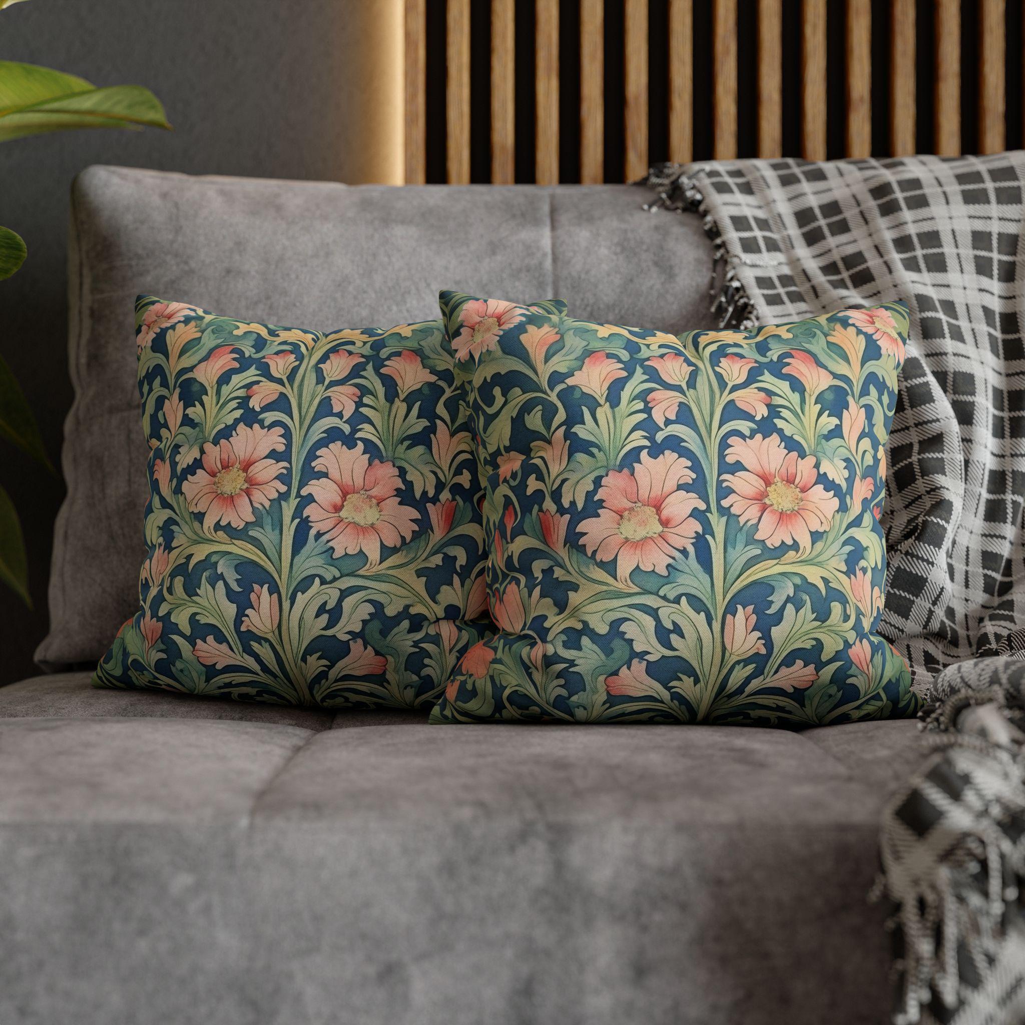 William Morris Pimpernel-Inspired Pillow Cover: Modern Blue & Coral Pink Botanical