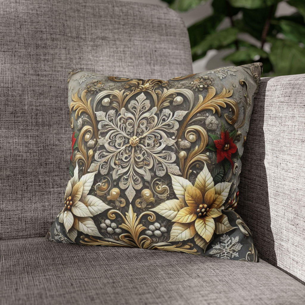 Luxurious Baroque Inspired Holiday Pillow Cover, Silver and Gold Snowflake Christmas Decor