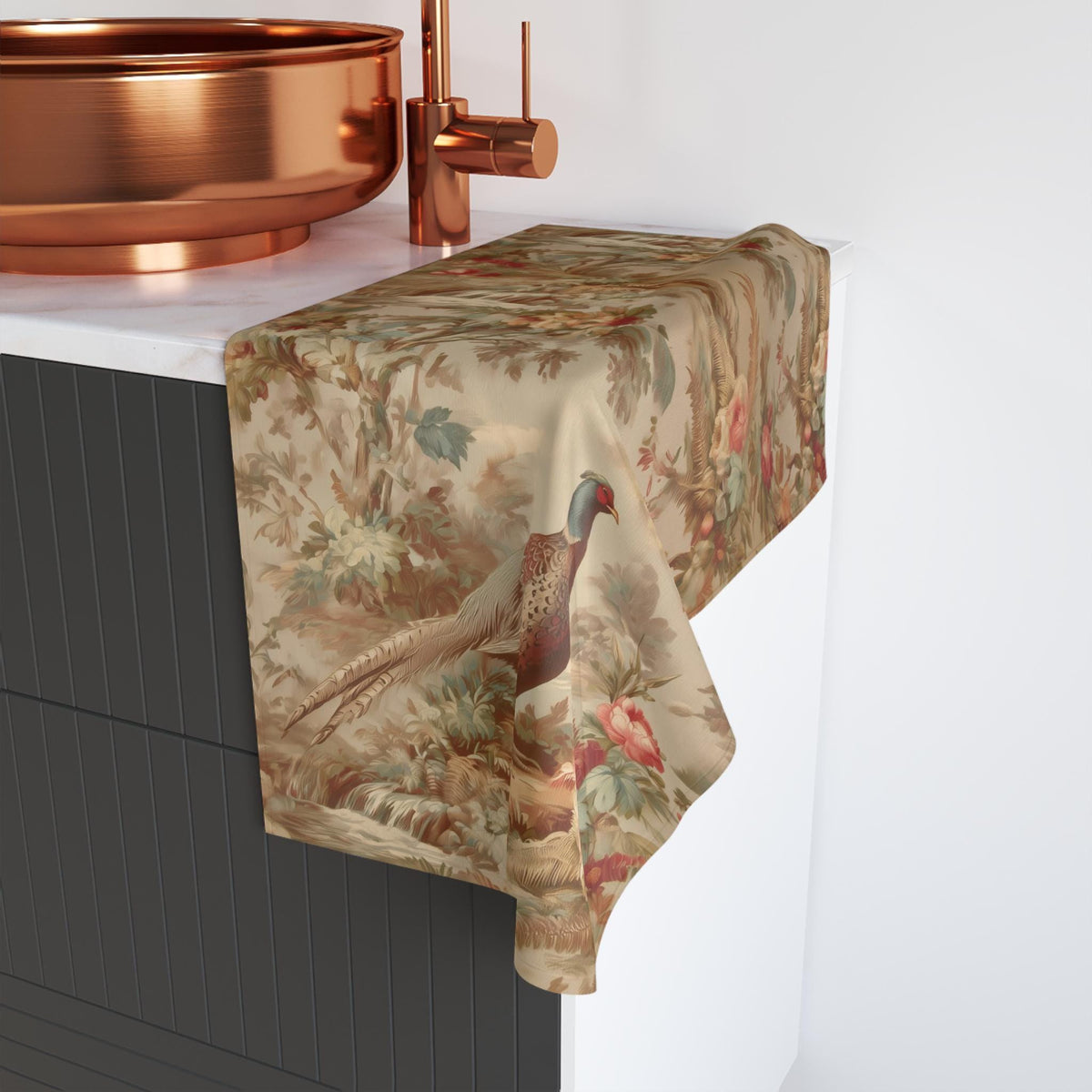 French Country Pheasant Hand Towel: Vintage Style Toile Bird Design for Kitchen or Bath
