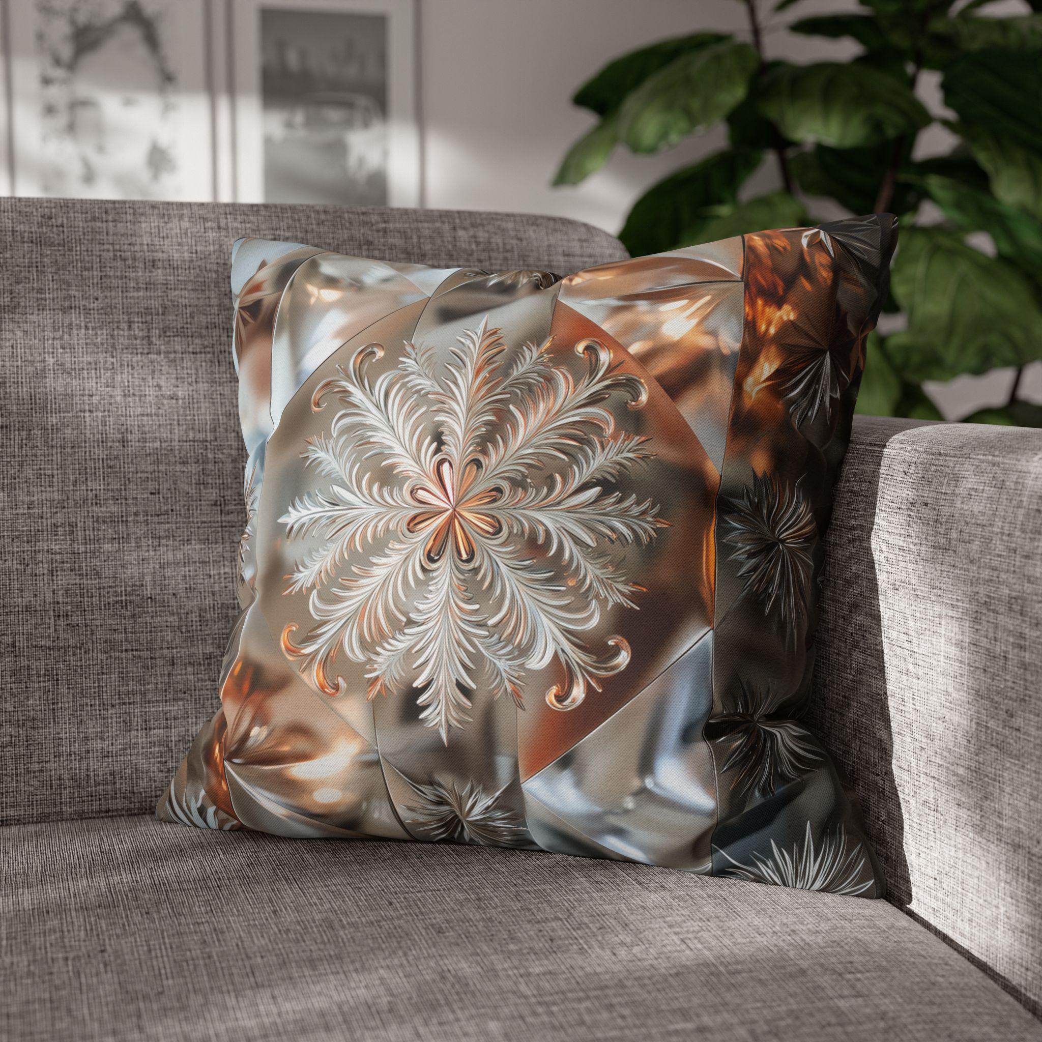 Snowflake Luxury Pillow Cover, Holiday Inspired Winter Charm, Silver Bronze Champagne Tones Square Pillowcase
