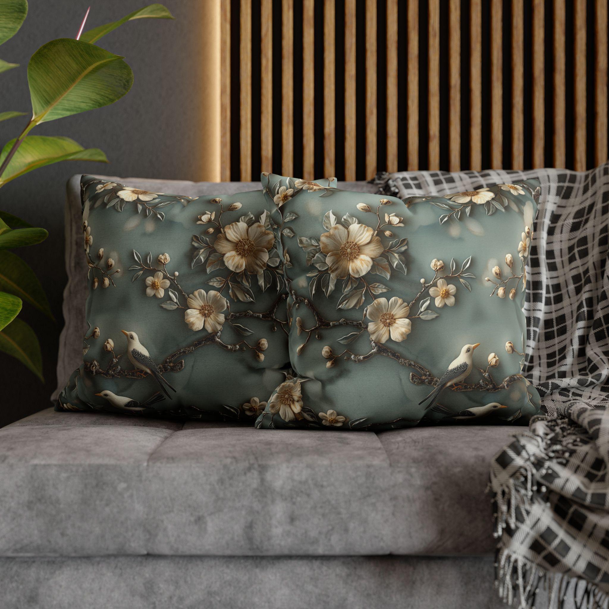 Elegant Chinoiserie Floral Pillow Cover: Cream Blossoms on Dreamy Soft Blue Background