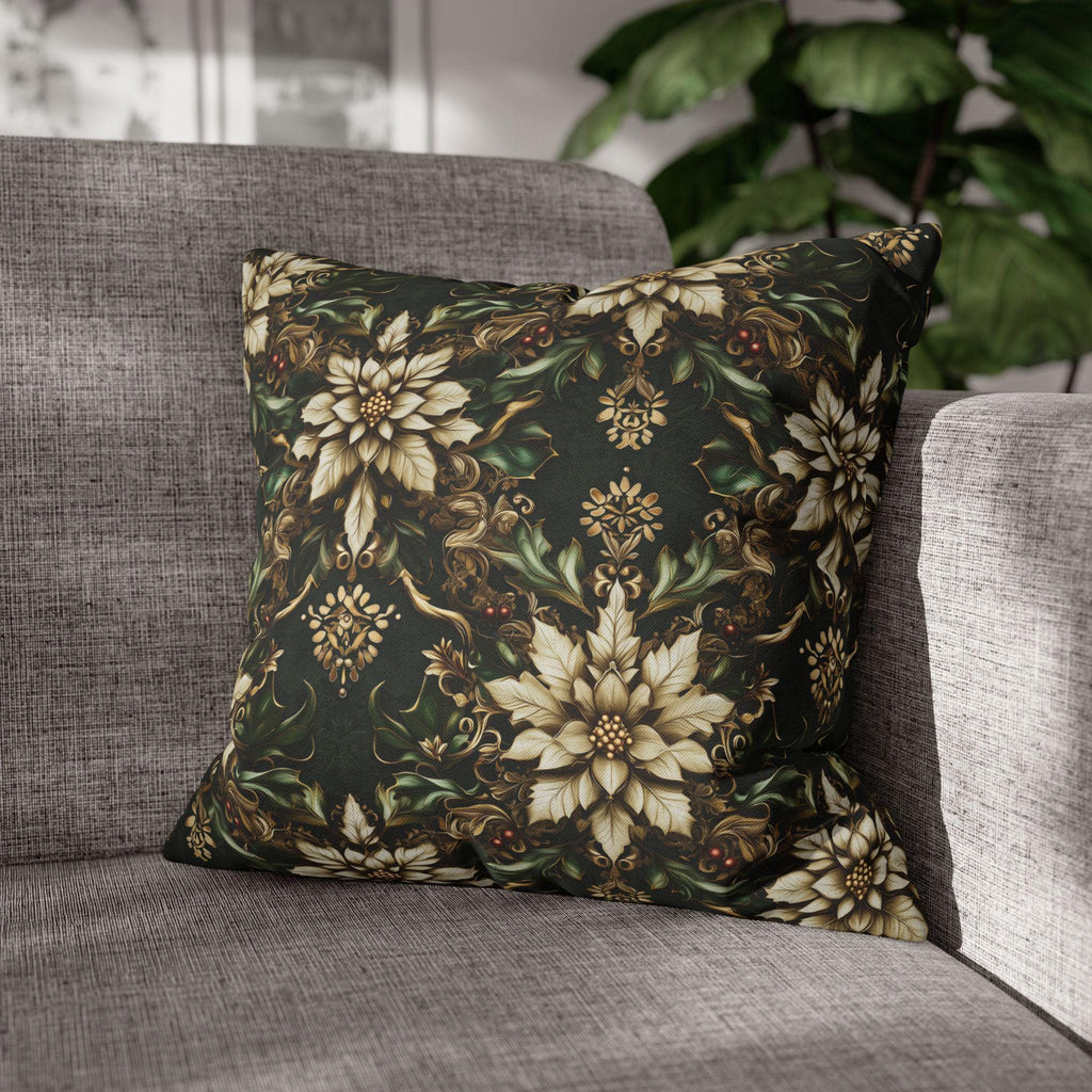 Holiday Poinsettia Pillow cover - Festive Christmas Decor Red Green Gold & Creamy Beige