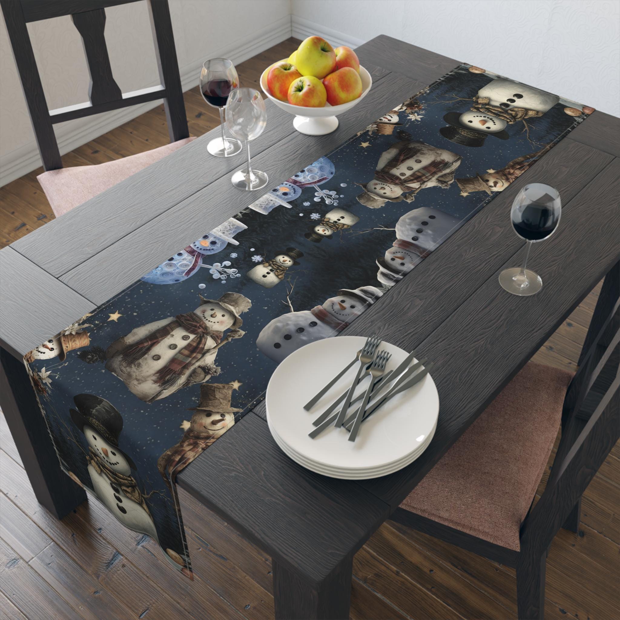 William Morris Inspired Snowman Table Runner: Vintage Style Charming Christmas Decor in Navy Blue