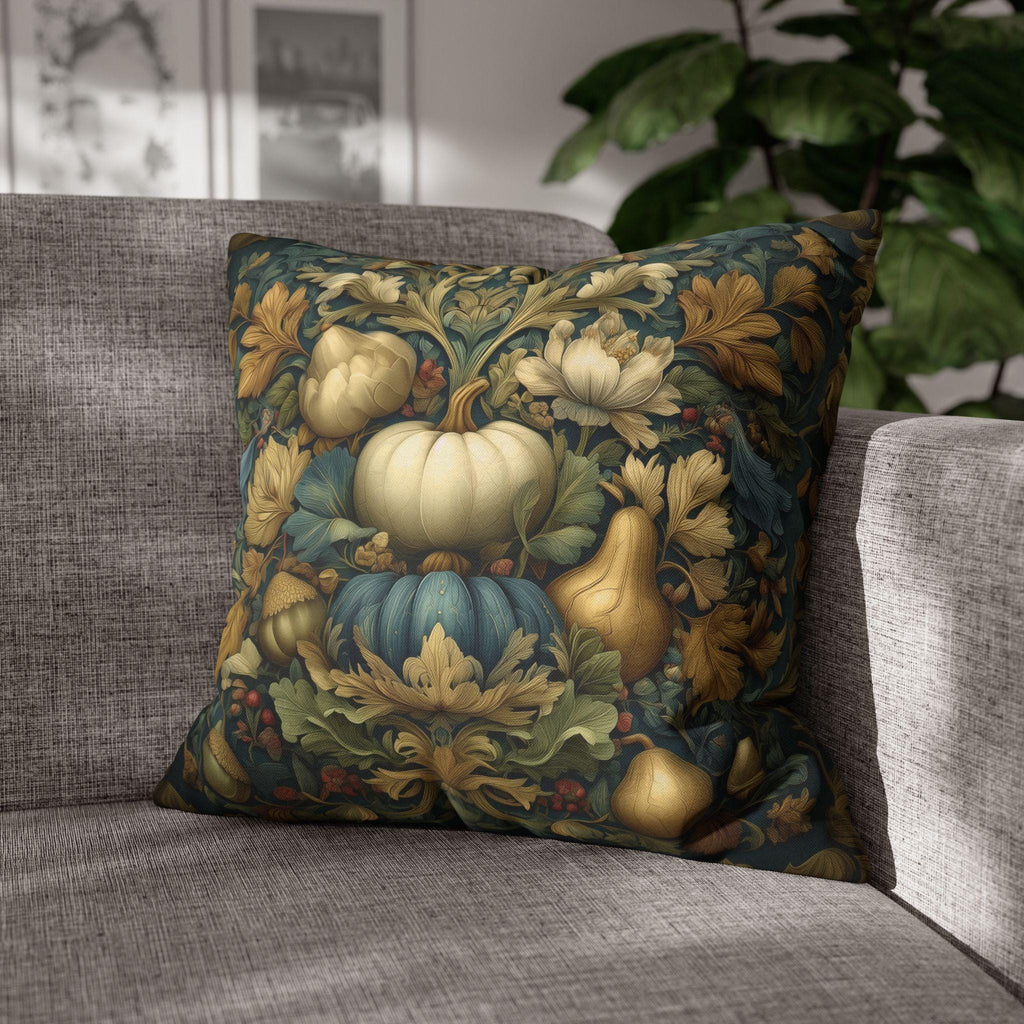 William Morris Inspired Autumn Pillow Cover: Teal, Gold, and Ivory Harvest Design