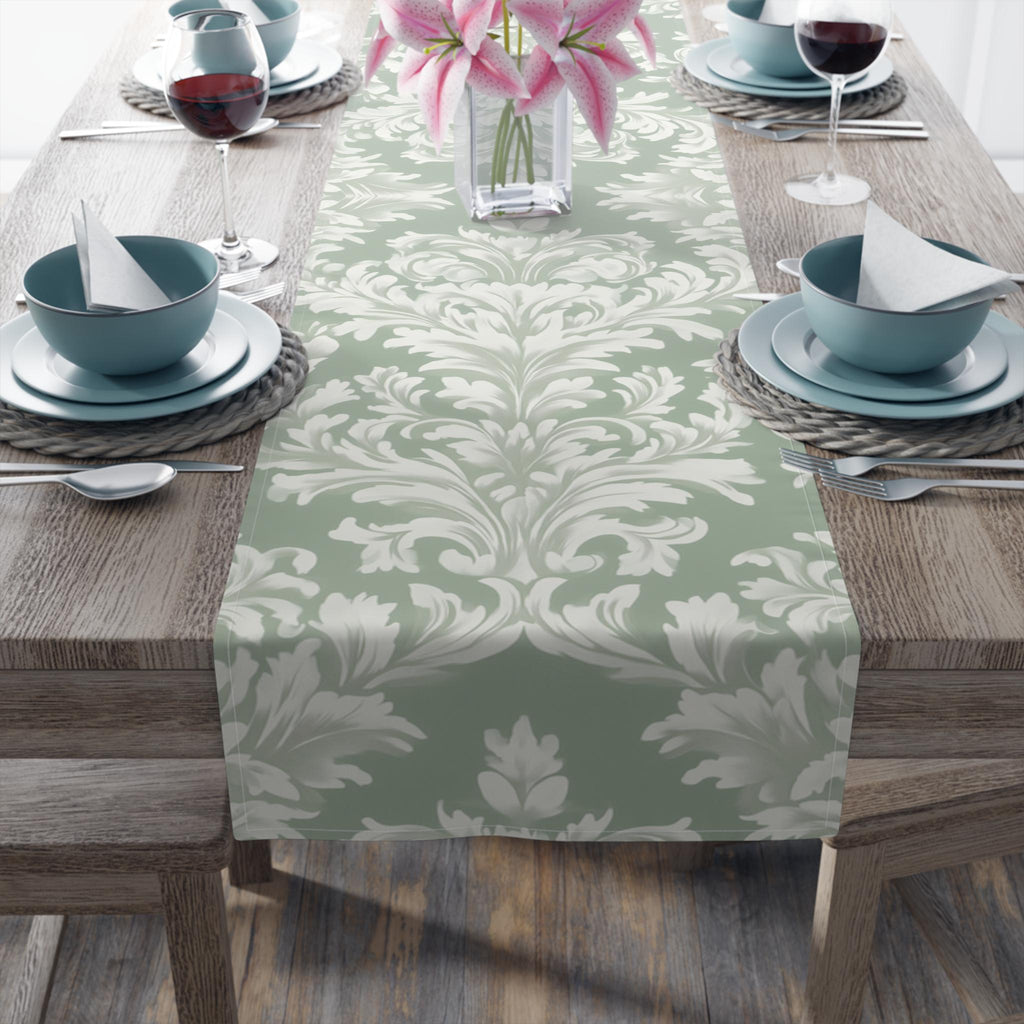Elegant Muted Green Damask Table Runner: Timeless Floral Design for Weddings, Dining & Home Decor