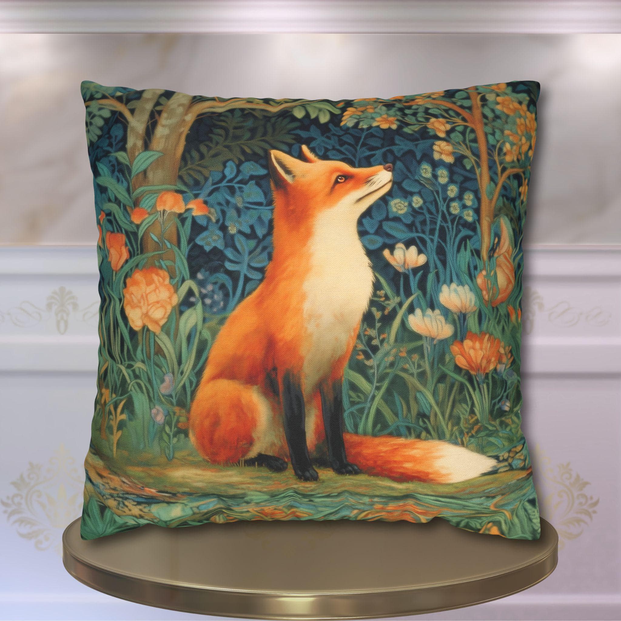 Morris-Inspired Red Fox Botanical Pillow Cover: Vintage Style Moody Woodland Blooms