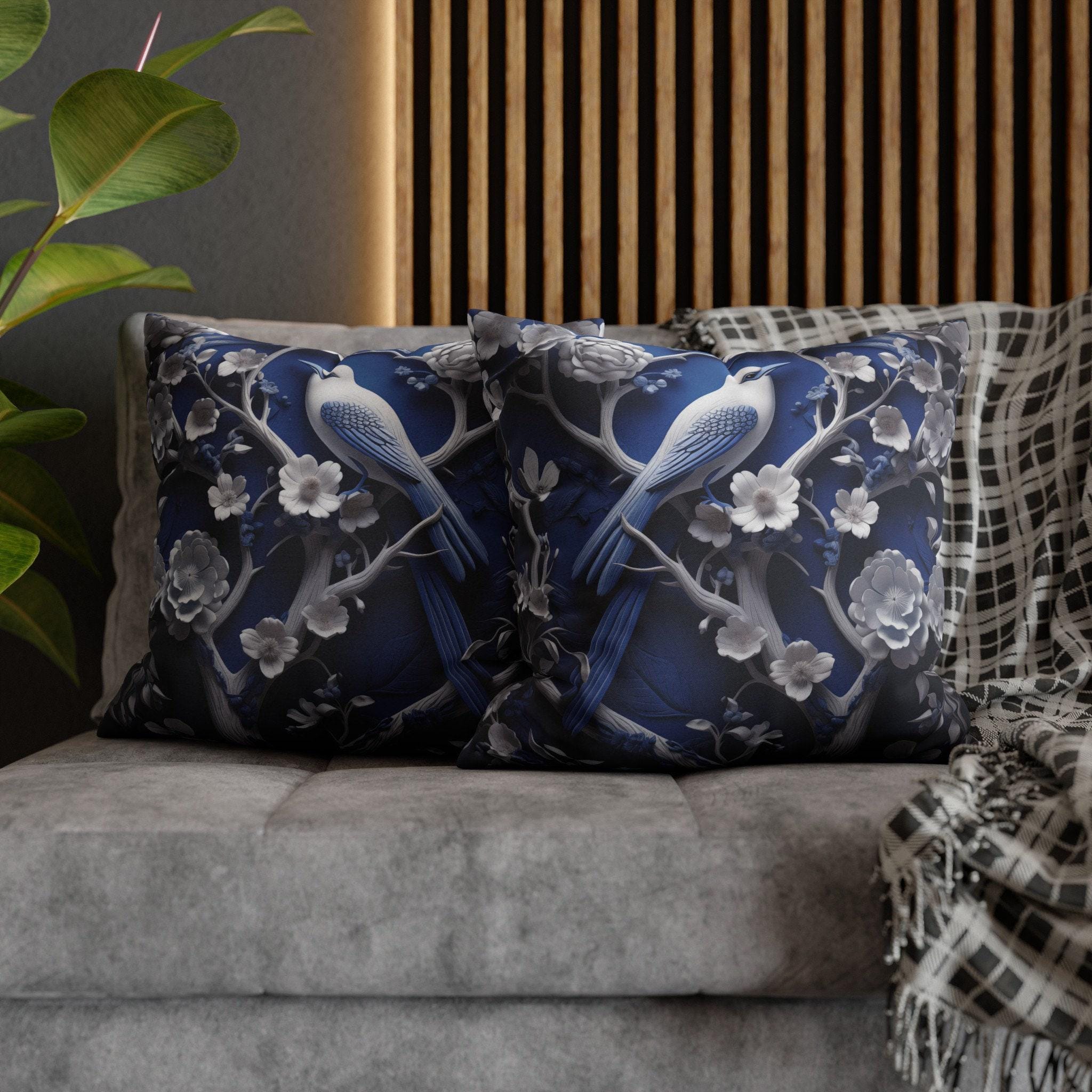 Elegant Chinoiserie Blue Bird Pillow Cover: Porcelain-Inspired White Blossom Home Decor Cushion