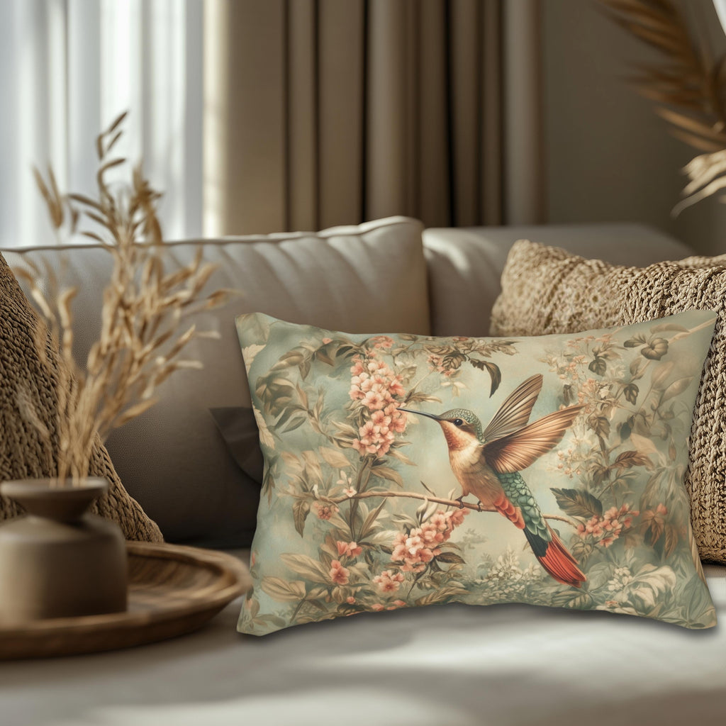 William Morris Botanical  Lumbar Pillow: Sage Blush Teal Hummingbird Arts & Crafts Accent