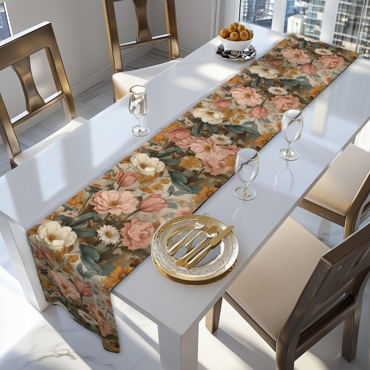 William Morris Inspired Botanical Table Runner: Dusty Rose, Sage, Ochre Autumn Accent