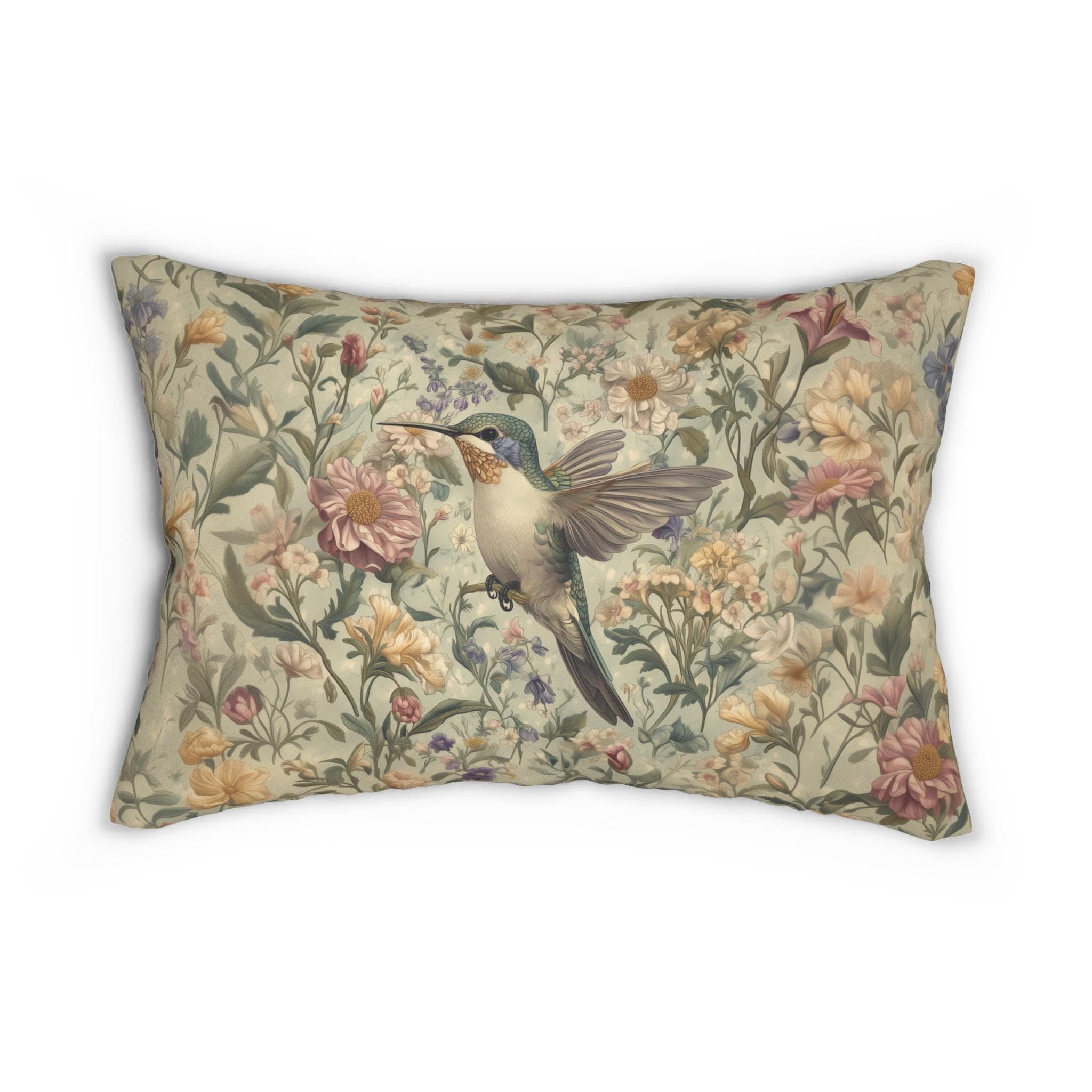 William Morris Inspired Hummingbird Tapestry Lumbar Pillow - Botanical Arts & Crafts Floral Cushion