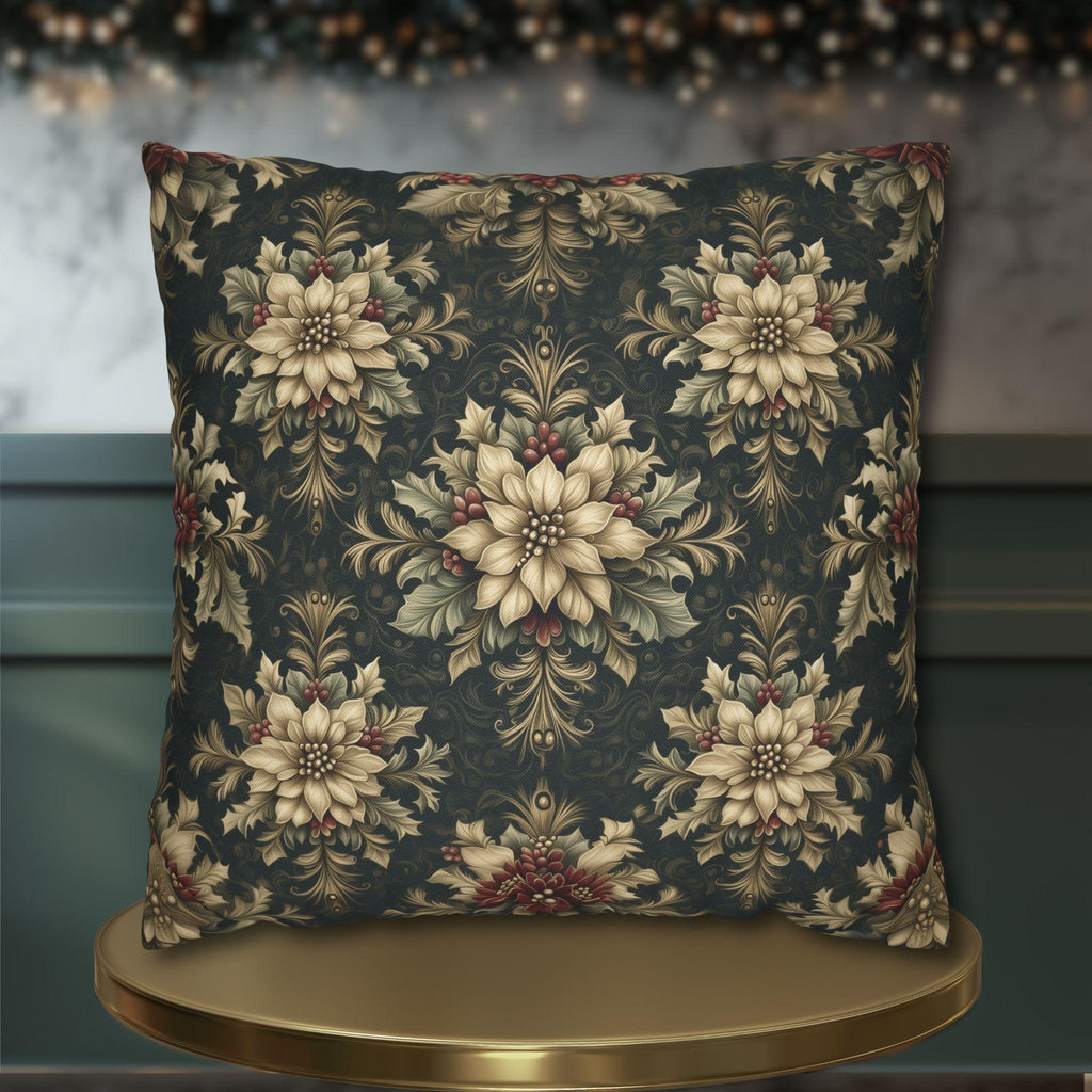 William Morris Christmas Pillow Cover: Ivory Poinsettia and Holly Repeating Pattern on Midnight Green
