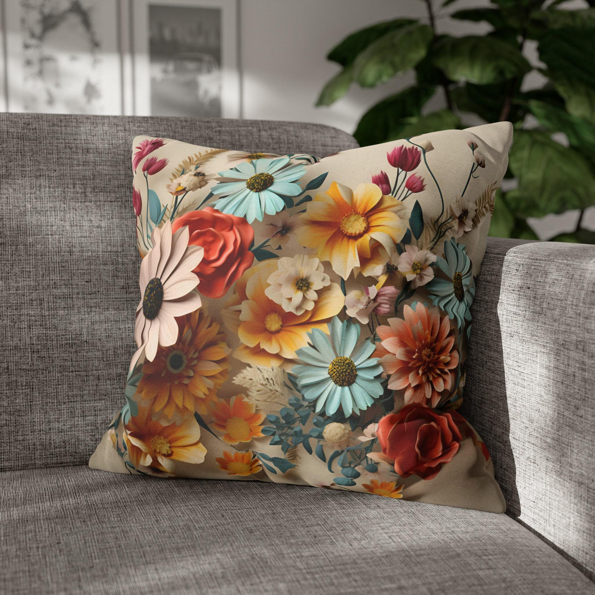 Vintage Style Floral Pillow Cover: Vibrant Flower Meadow Design