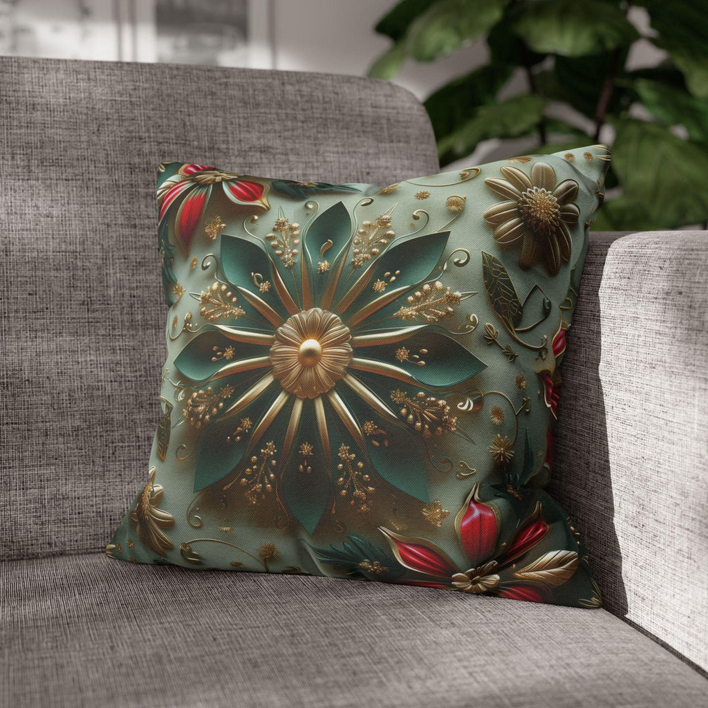 Elegant Christmas Pillow Cover: Snowflake, Poinsettias, Gold Details