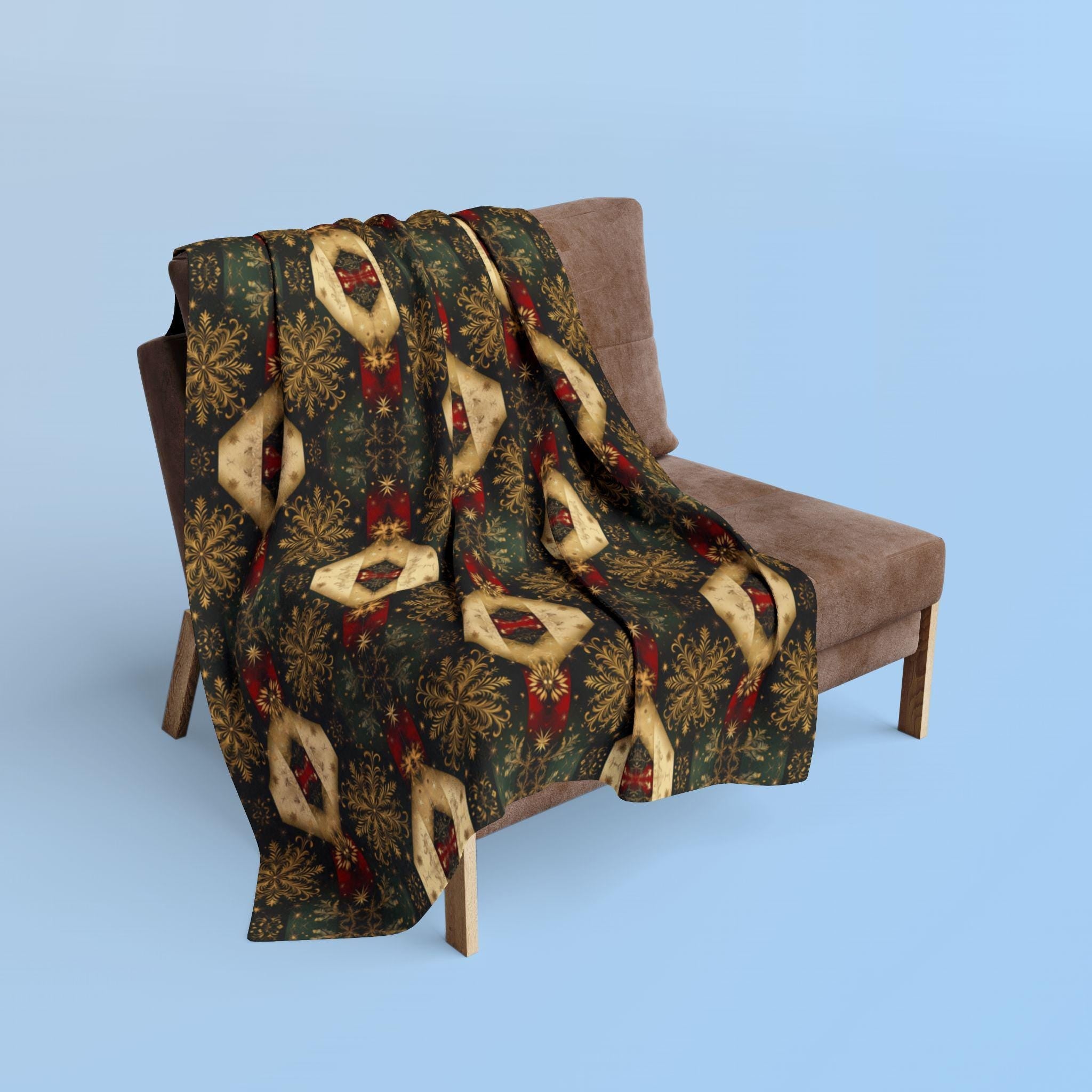 Elegant Christmas Arctic Fleece Throw Blanket - Gold Snowflakes on Green, Charcoal & Red