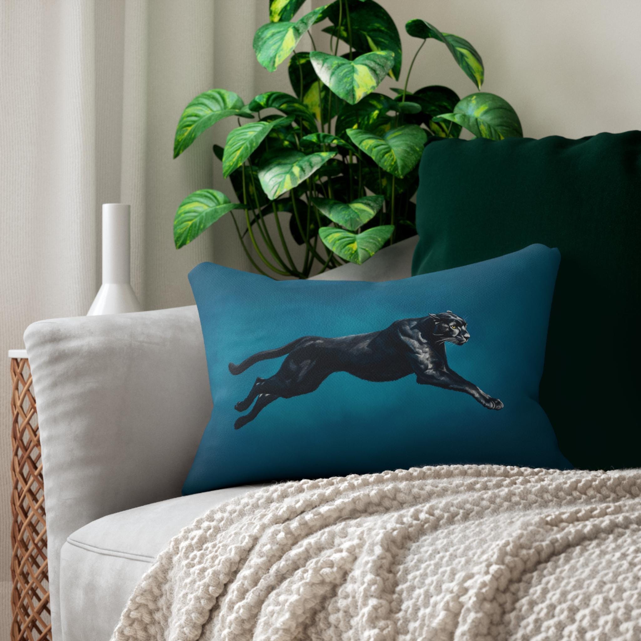 Midnight Pounce Lumbar Pillow: Black Puma on Sapphire-Blue Jewel Tone
