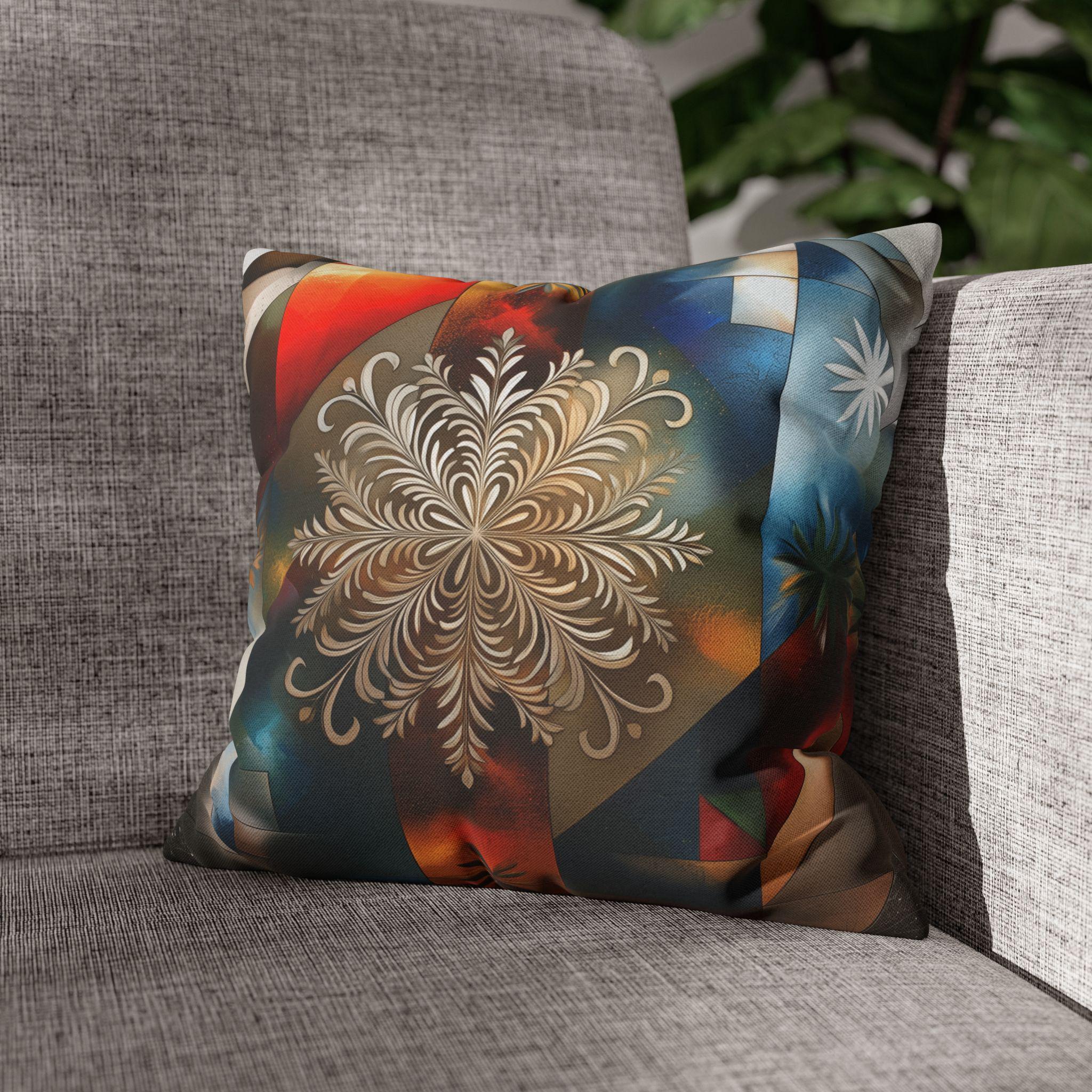 Snowflake Patriotic Square Pillowcase, Christmas Seasonal Throw Pillow Cover, Red White Blue Holiday Decor