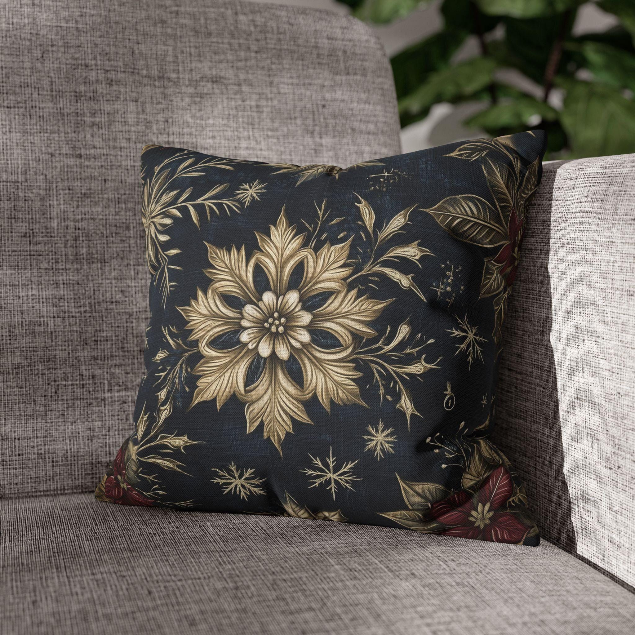 Sophisticated Holiday Pillow Cover | Golden Poinsettia and Snowflake Design | Denim Blue Background