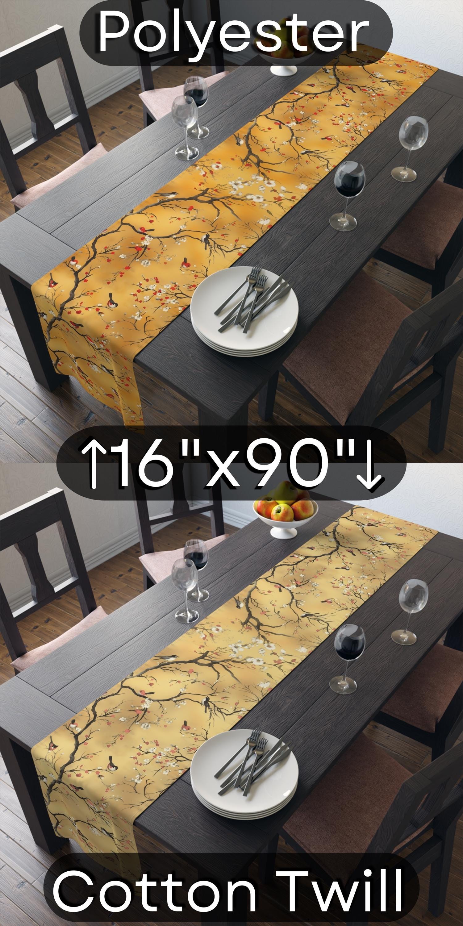 Chinoiserie Table Runner: Gold, Red Blossoms & Birds - Asian Decor