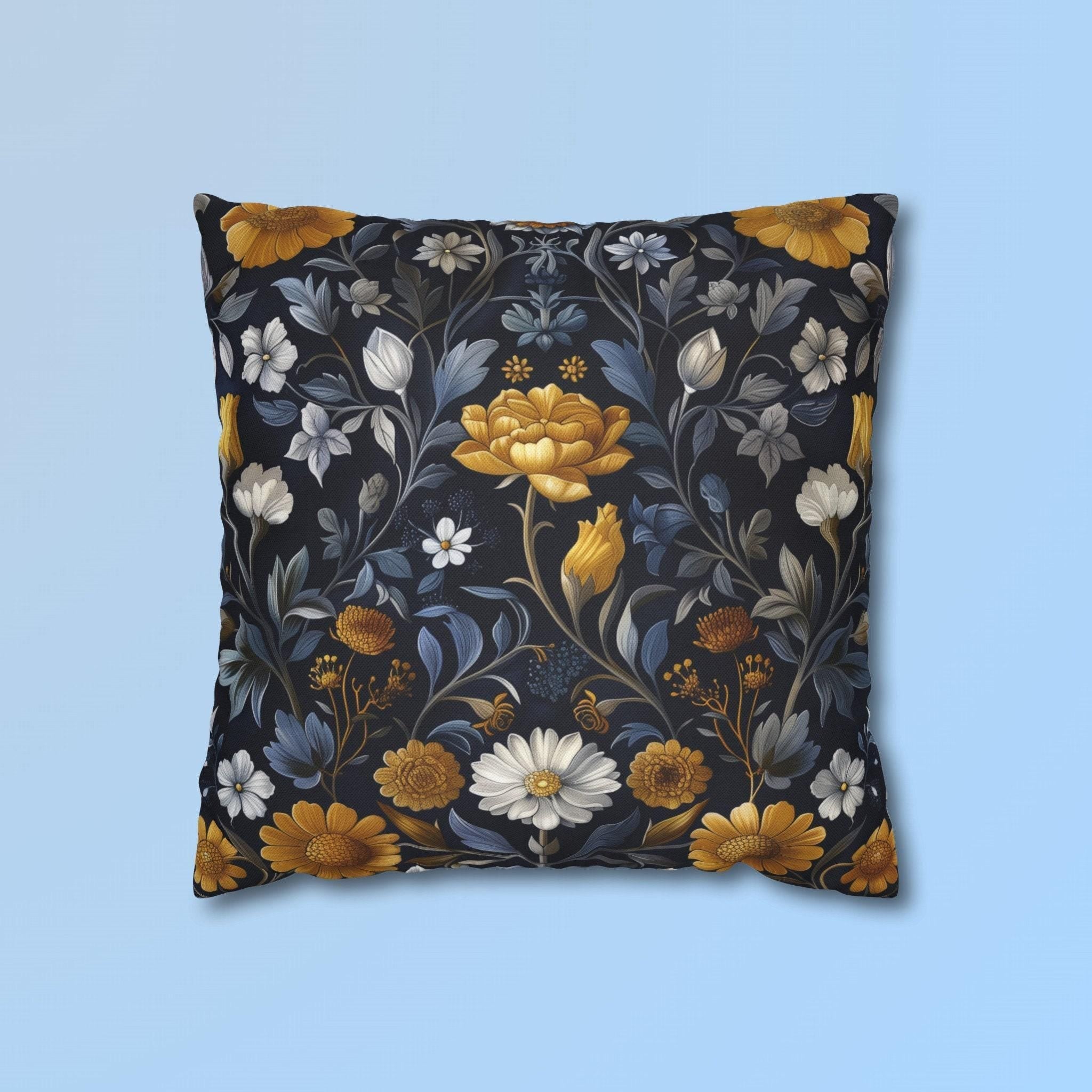 Elegant William Morris Inspired Floral Pillow Cover: Dark Background with Daisies, Tulips & Chrysanthemums