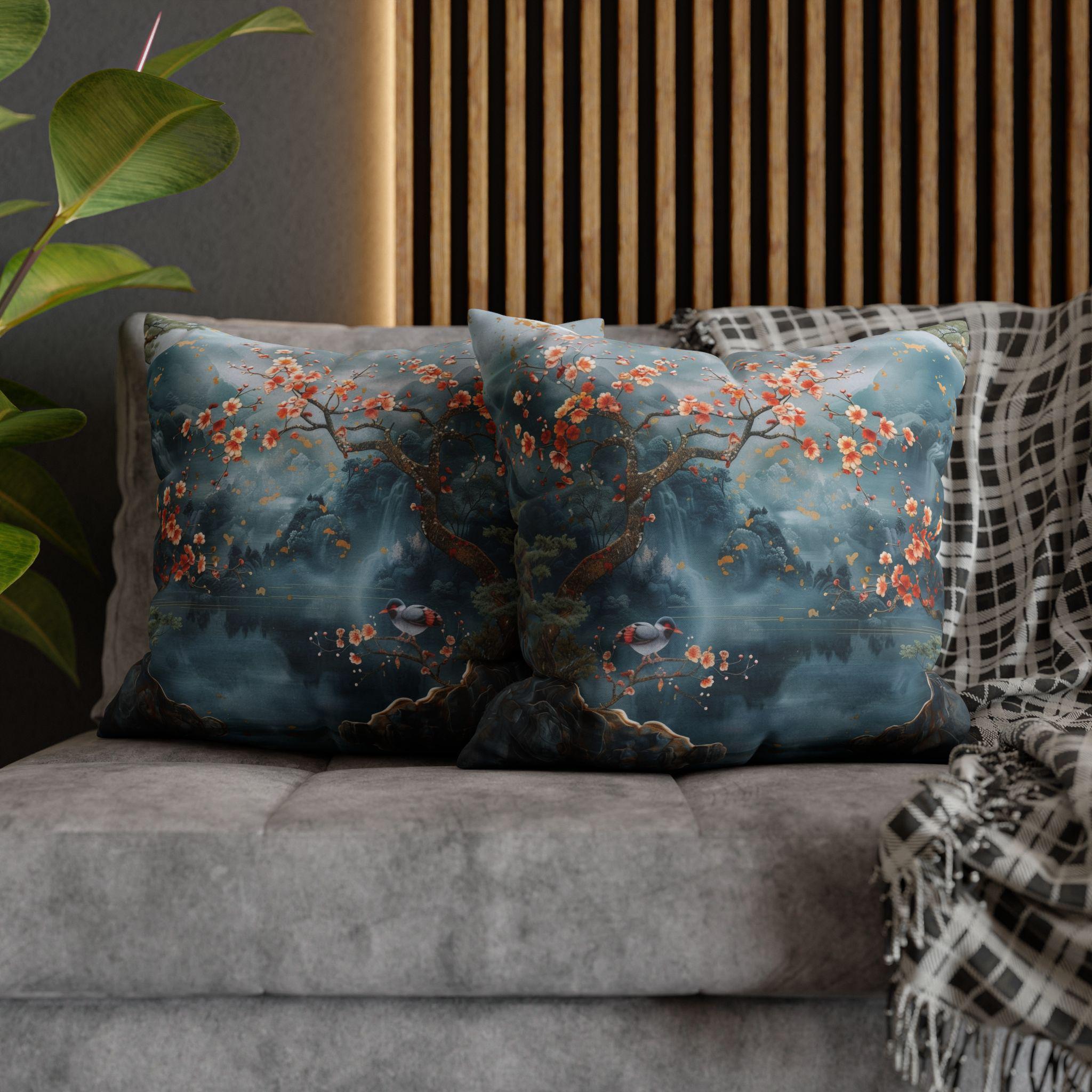 Chinoiserie Watercolor Pillow Cover: Misty Mountain Landscape with Blossoms and Bird Scene