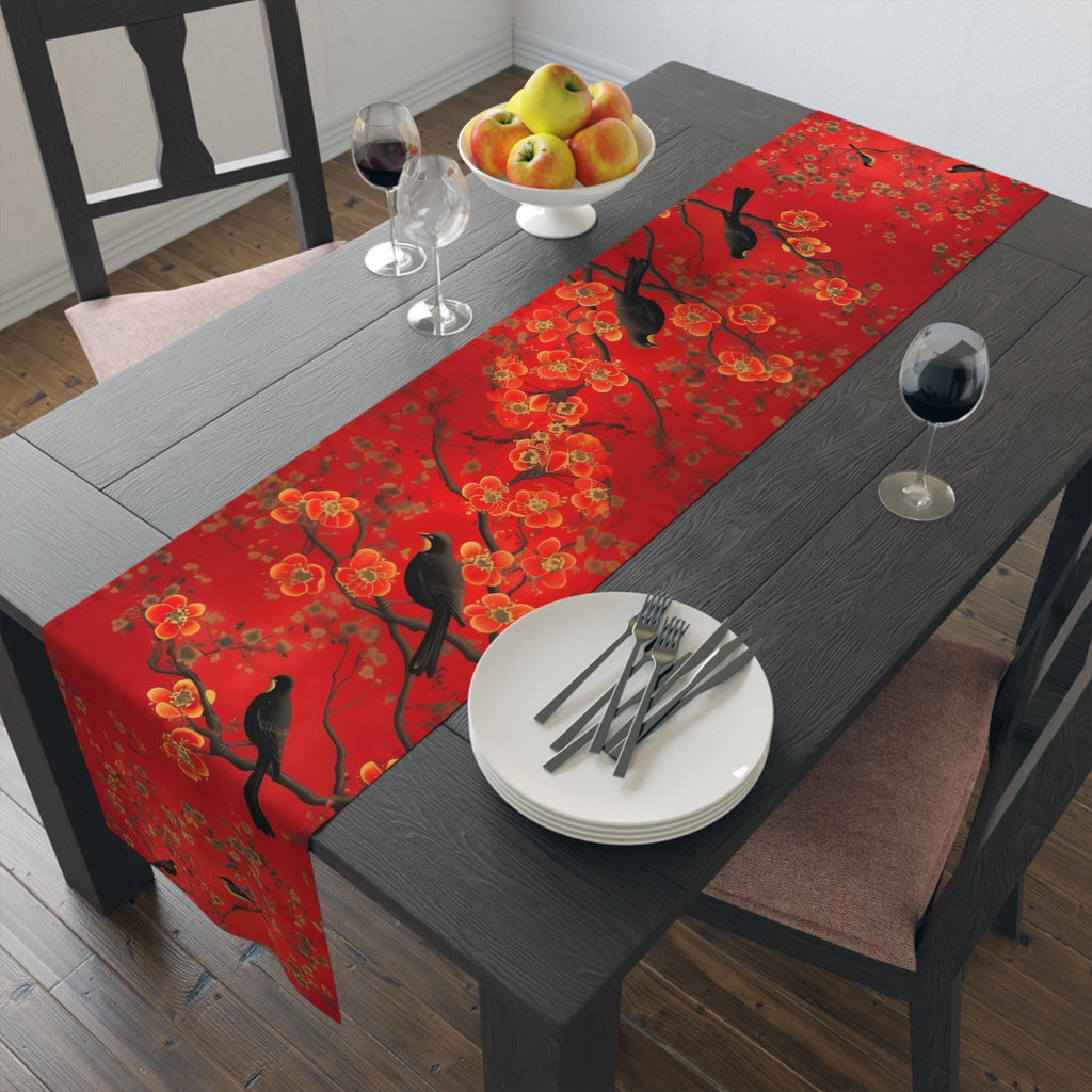 Elegant Red Chinoiserie Table Runner: Floral Branch with Black Birds for Asian-Inspired Dining Decor