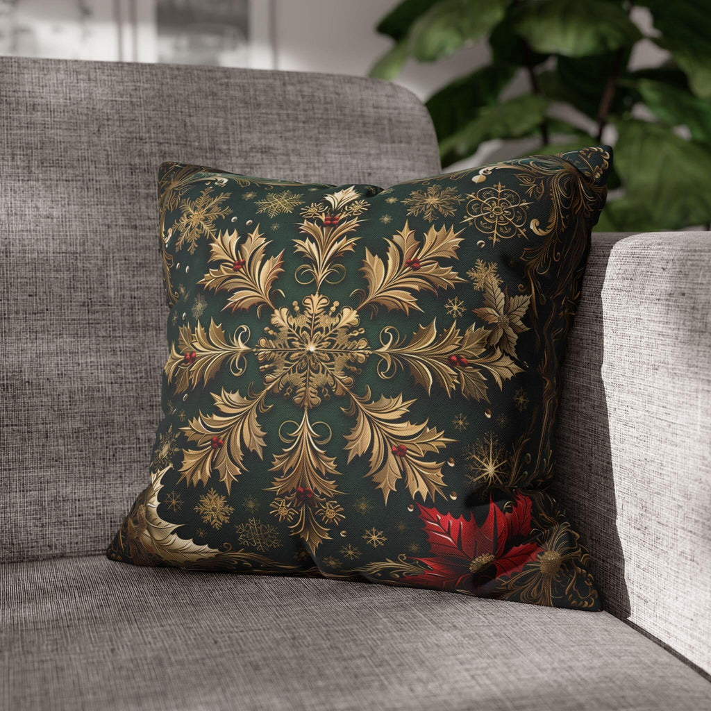Gold Snowflake Poinsettia Pillow Cover, Emerald Green Holiday Decor