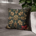 Gold Snowflake Poinsettia Pillow Cover, Emerald Green Holiday Decor