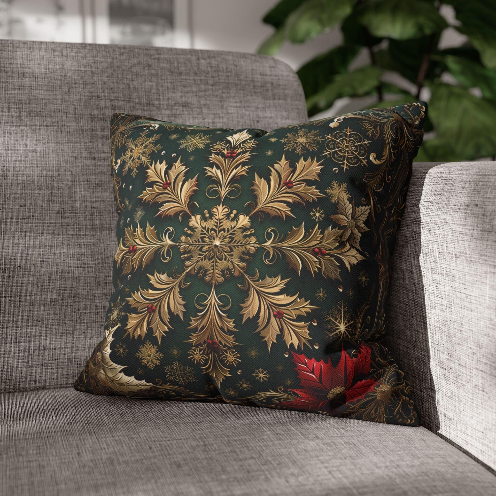 Gold Snowflake Poinsettia Pillow Cover, Emerald Green Holiday Decor