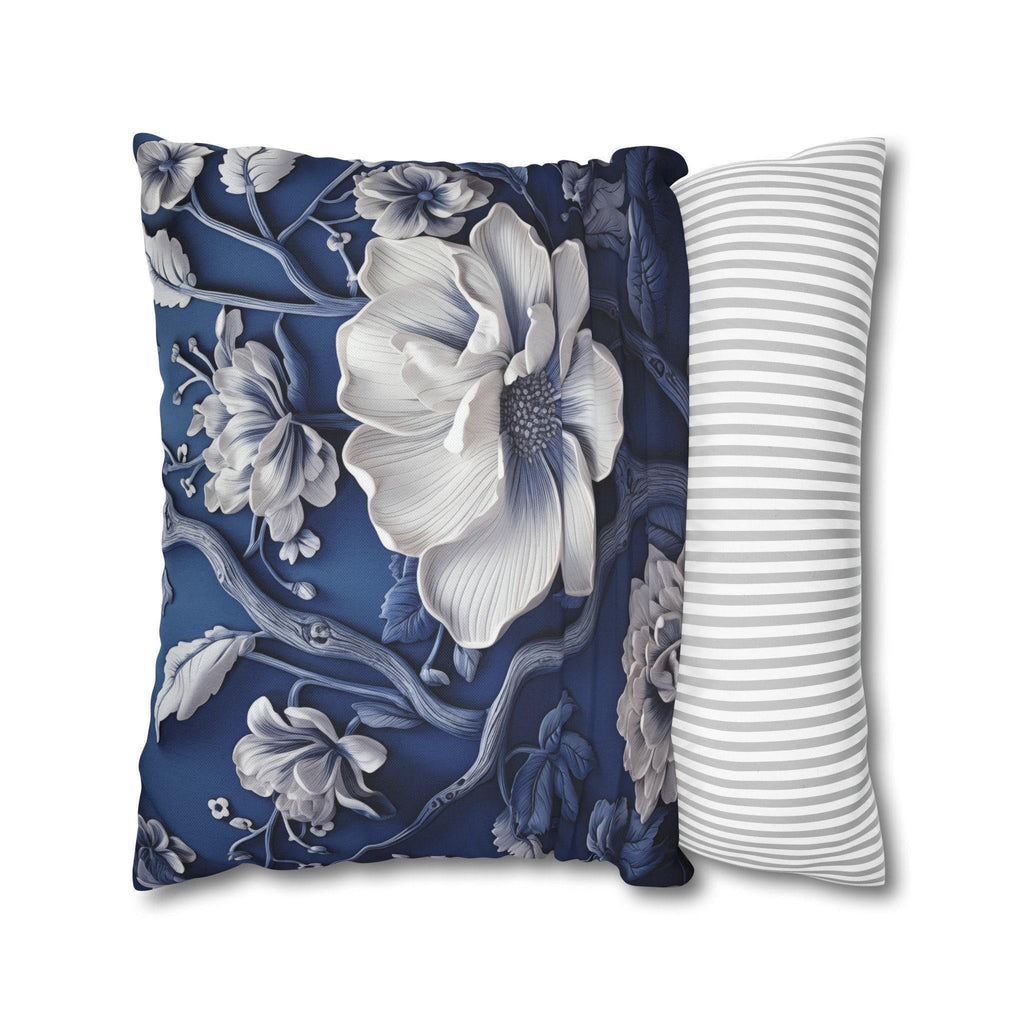 Porcelain-Style Blue Pillow Cover | Large White Blossoms Design | Chinoiserie Elegance for Home Decor