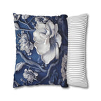 Porcelain-Style Blue Pillow Cover | Large White Blossoms Design | Chinoiserie Elegance for Home Decor