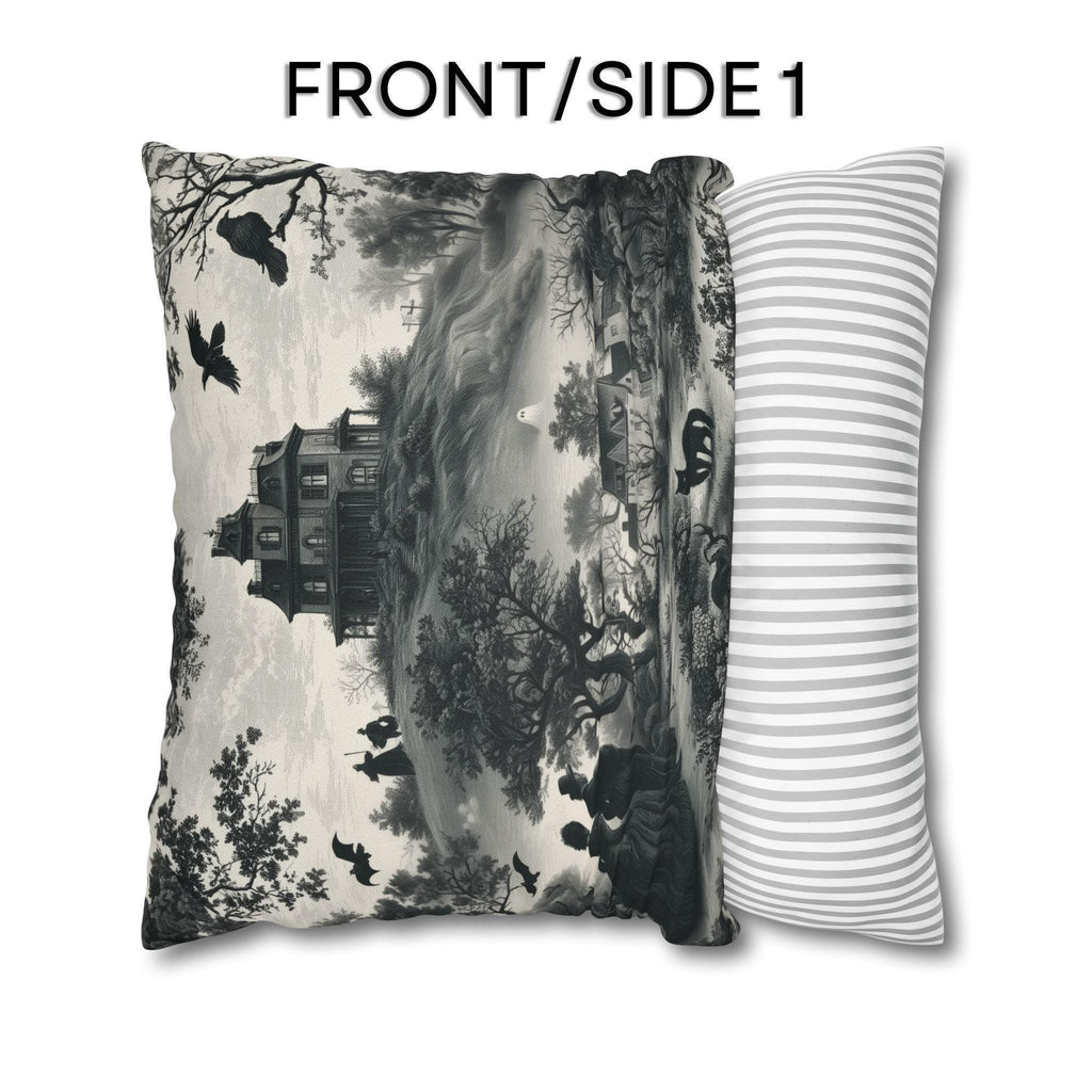 Halloween Toile Pillow Cover: Haunted House, Crows and Black Cat in Monochrome