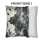 Halloween Toile Pillow Cover: Haunted House, Crows and Black Cat in Monochrome
