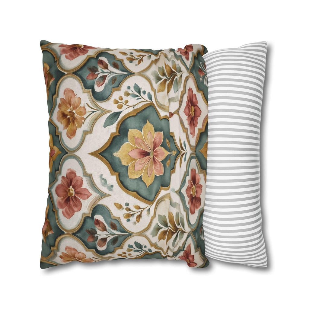 Moroccan Floral Pillow Cover: Teal, Terracotta, Gold Medallion Design